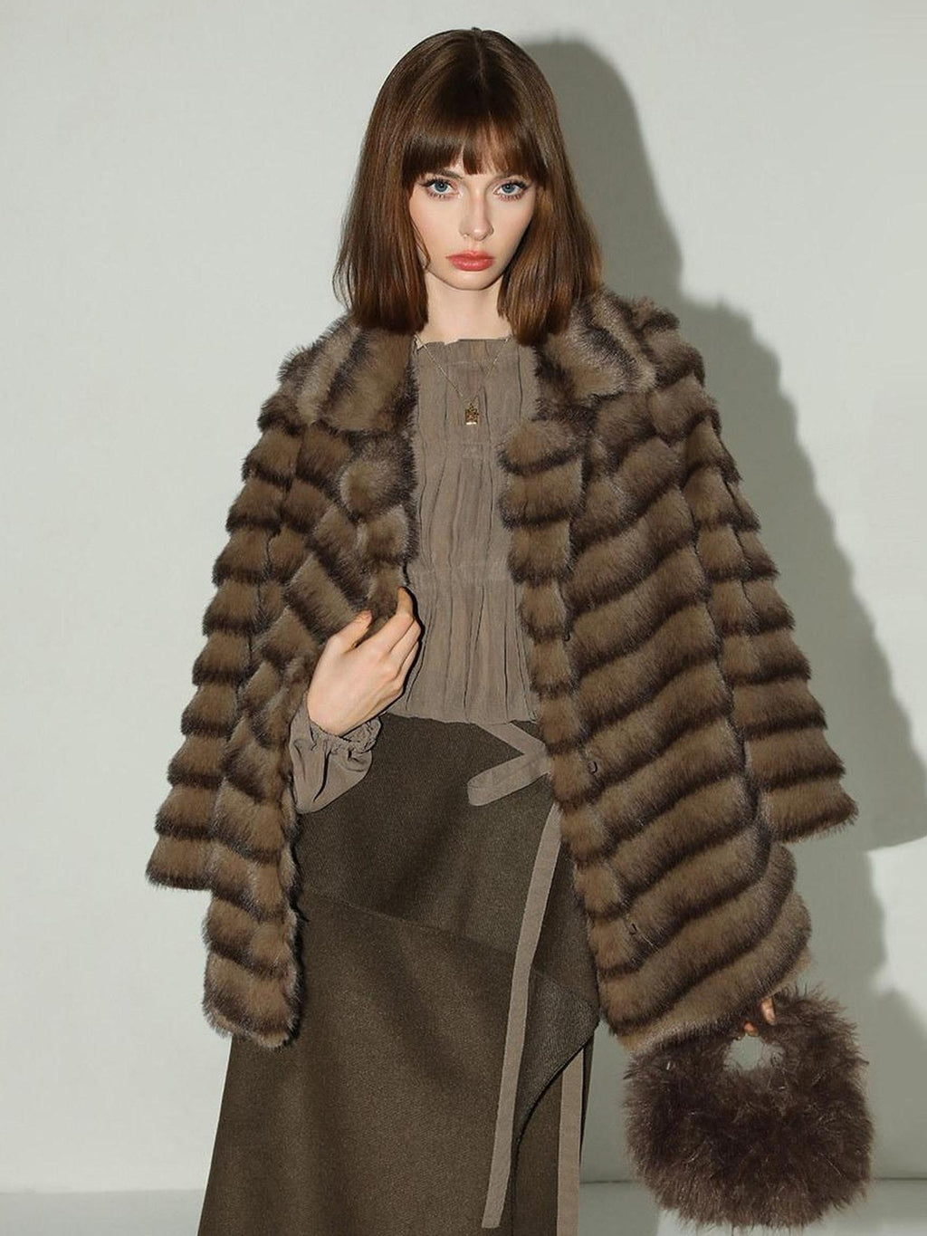 COCOBELLA Faux Fur Horizontal Panel Loose Fit Ol Workwear Women Ice Blue Jackets