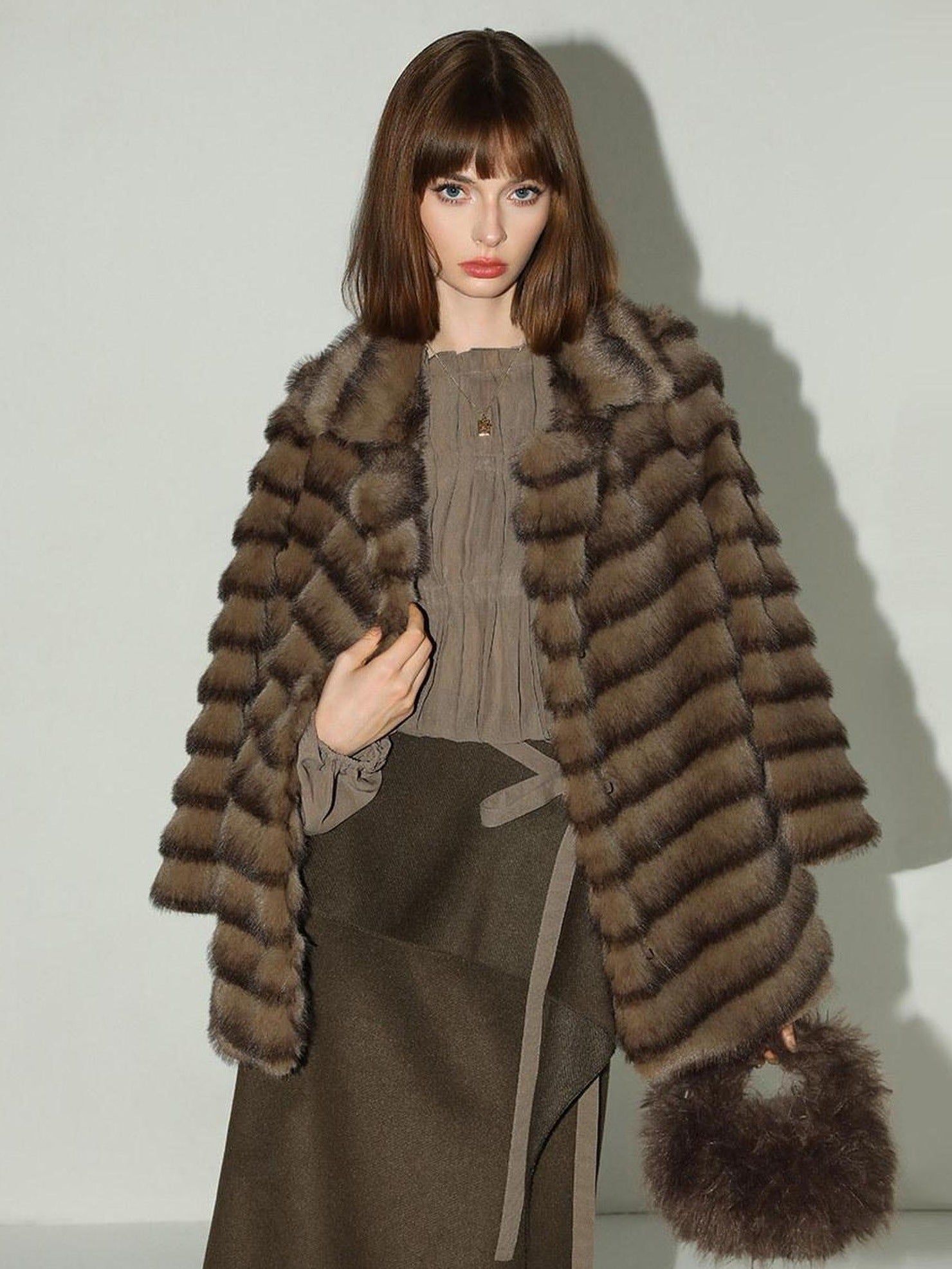 COCOBELLA Faux Fur Horizontal Panel Loose Fit Ol Workwear Women Ice Blue Jackets