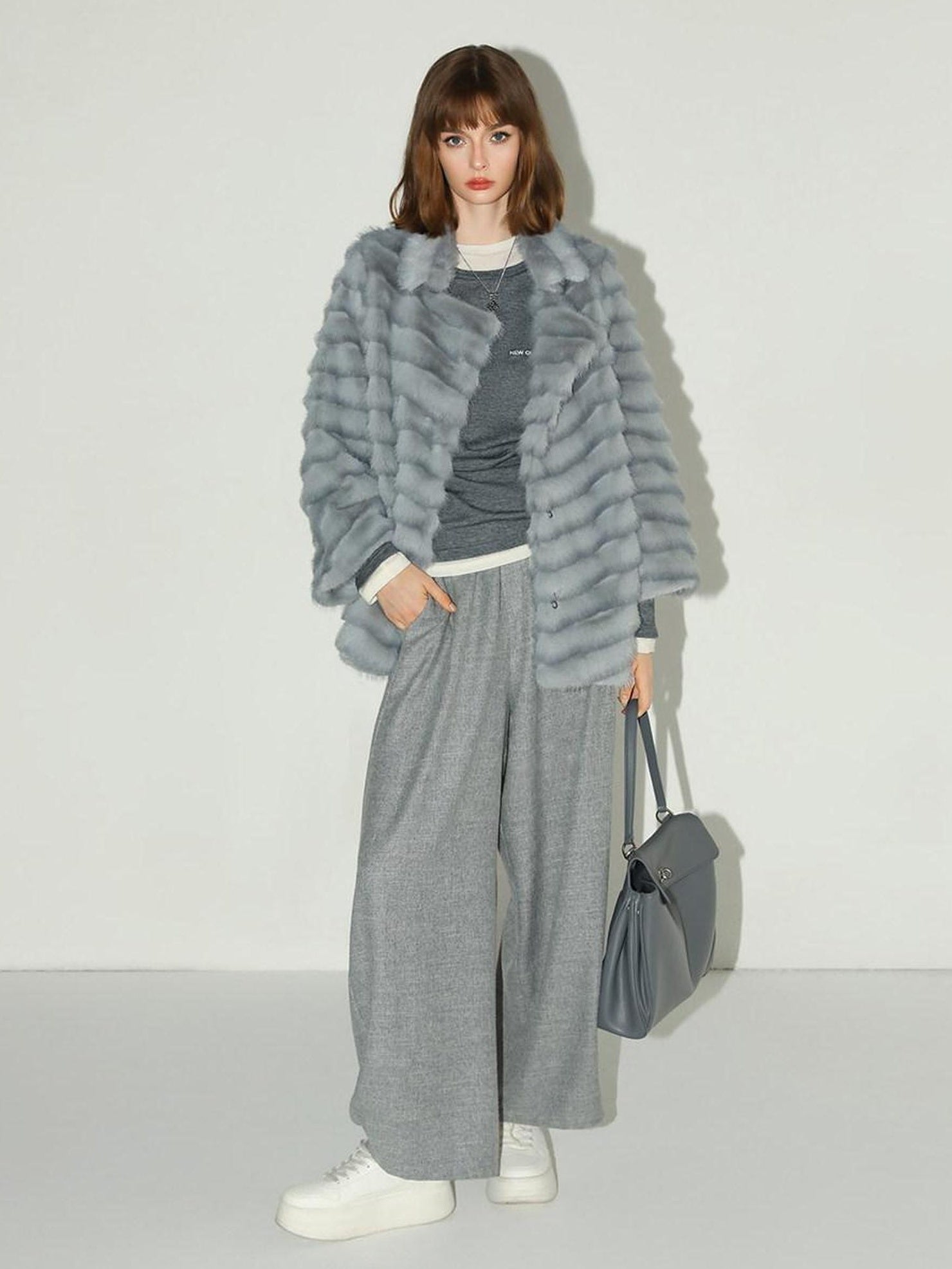 COCOBELLA Faux Fur Horizontal Panel Loose Fit Ol Workwear Women Ice Blue Jackets