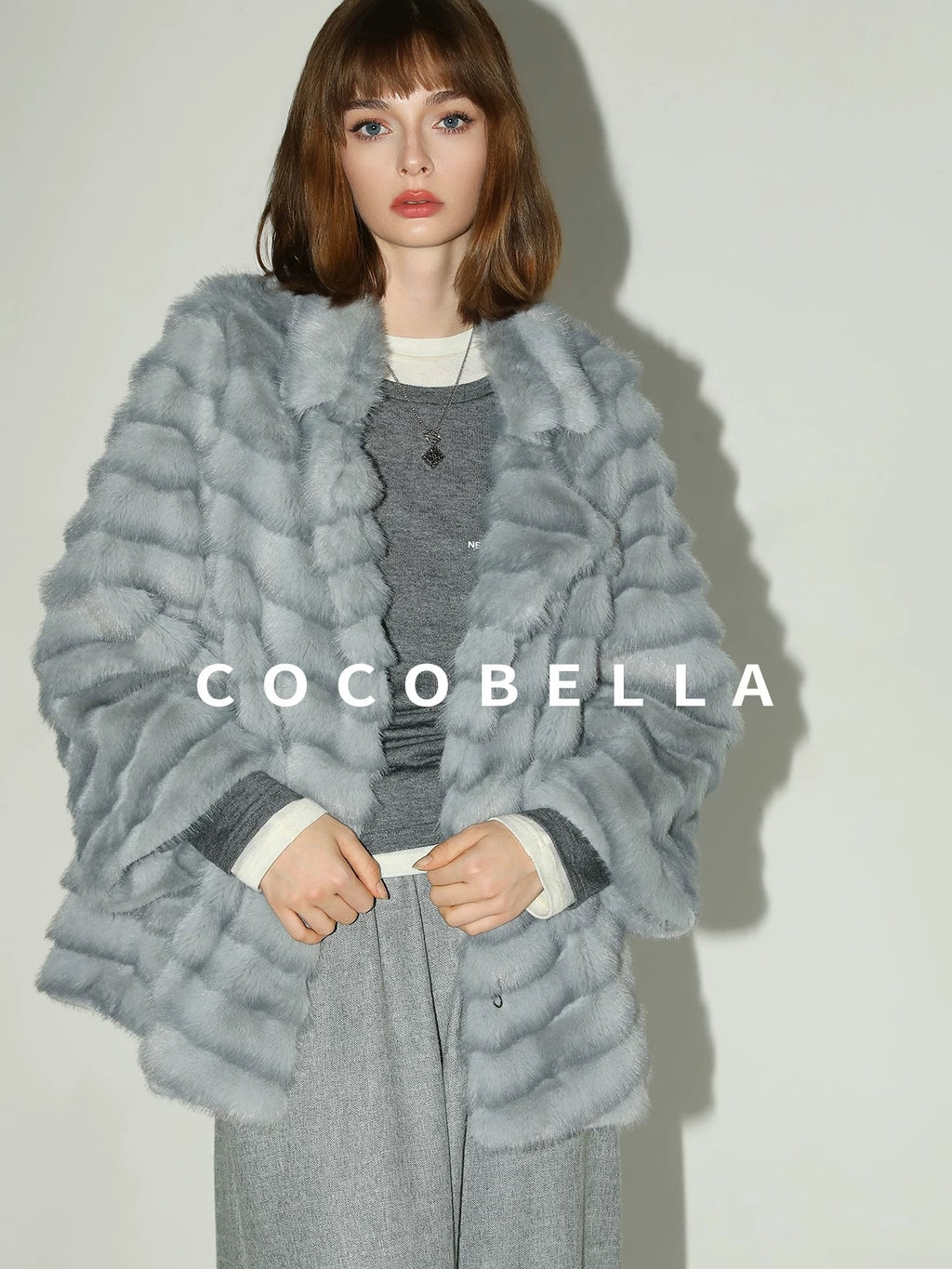 COCOBELLA Faux Fur Horizontal Panel Loose Fit Ol Workwear Women Ice Blue Jackets