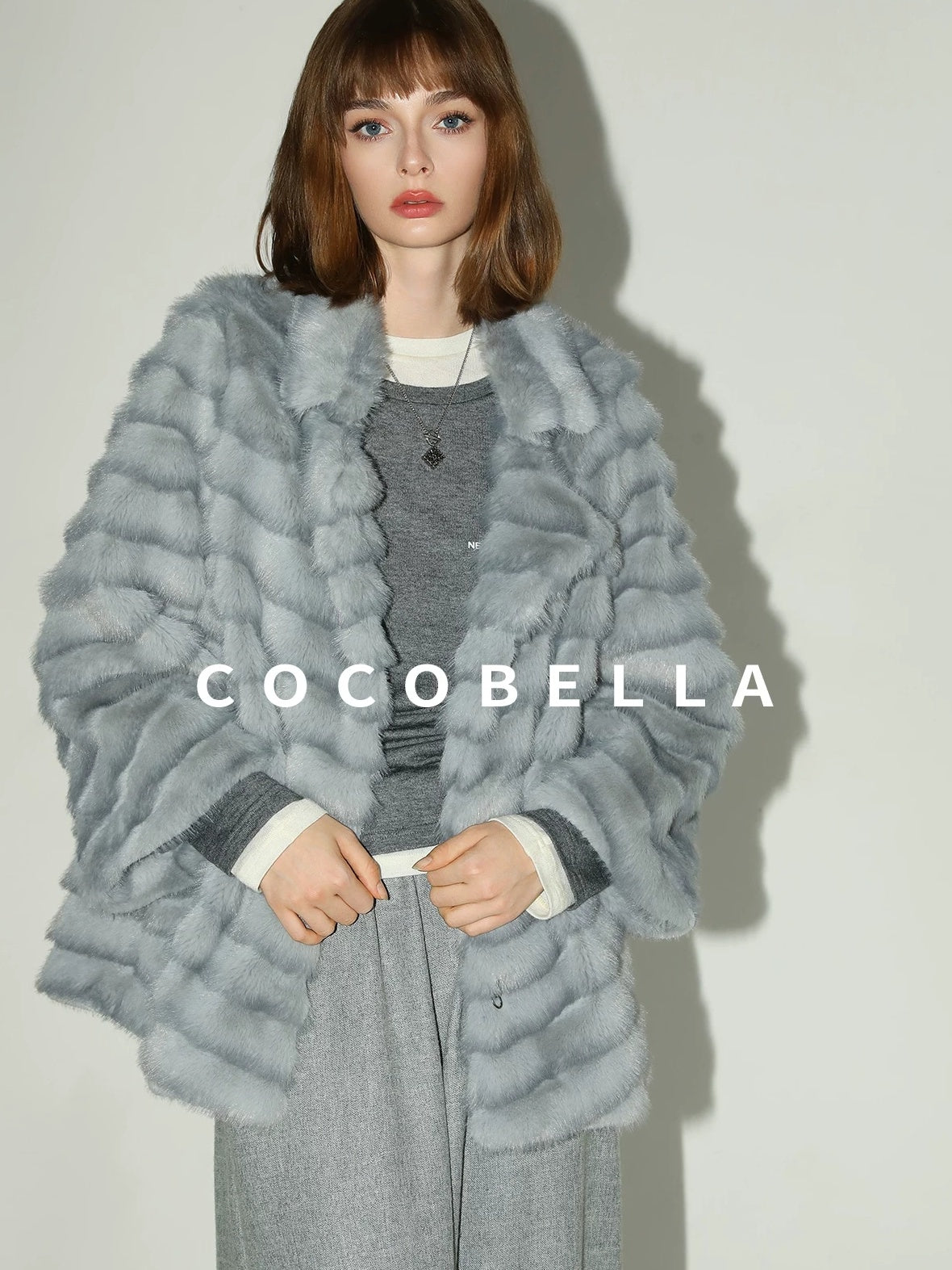 COCOBELLA Faux Fur Horizontal Panel Loose Fit Ol Workwear Women Ice Blue Jackets