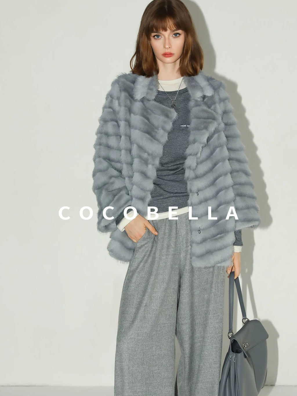 COCOBELLA Faux Fur Horizontal Panel Loose Fit Ol Workwear Women Ice Blue Jackets