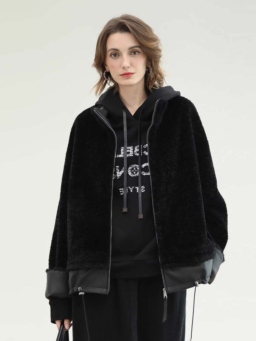 COCOBELLA_Faux_Fur_Layered_Look_Loose_Fit_Stand_Collar_Zip_Casual_Womens_Black_Jackets_MISSTT