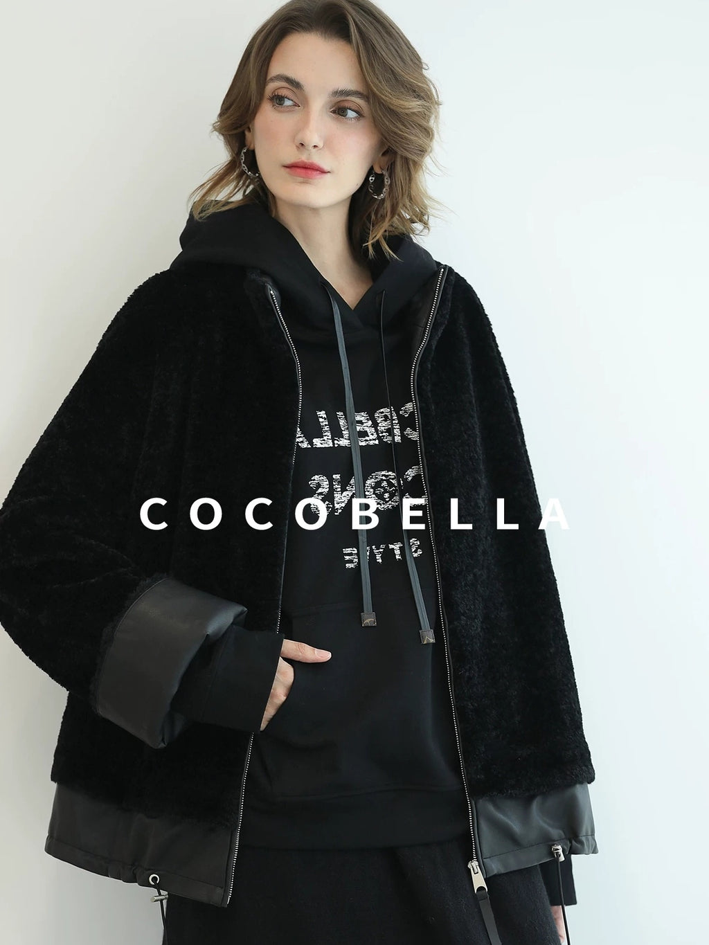 COCOBELLA Faux Fur Layered Look Loose Fit Stand Collar Zip Casual Womens Black Jackets