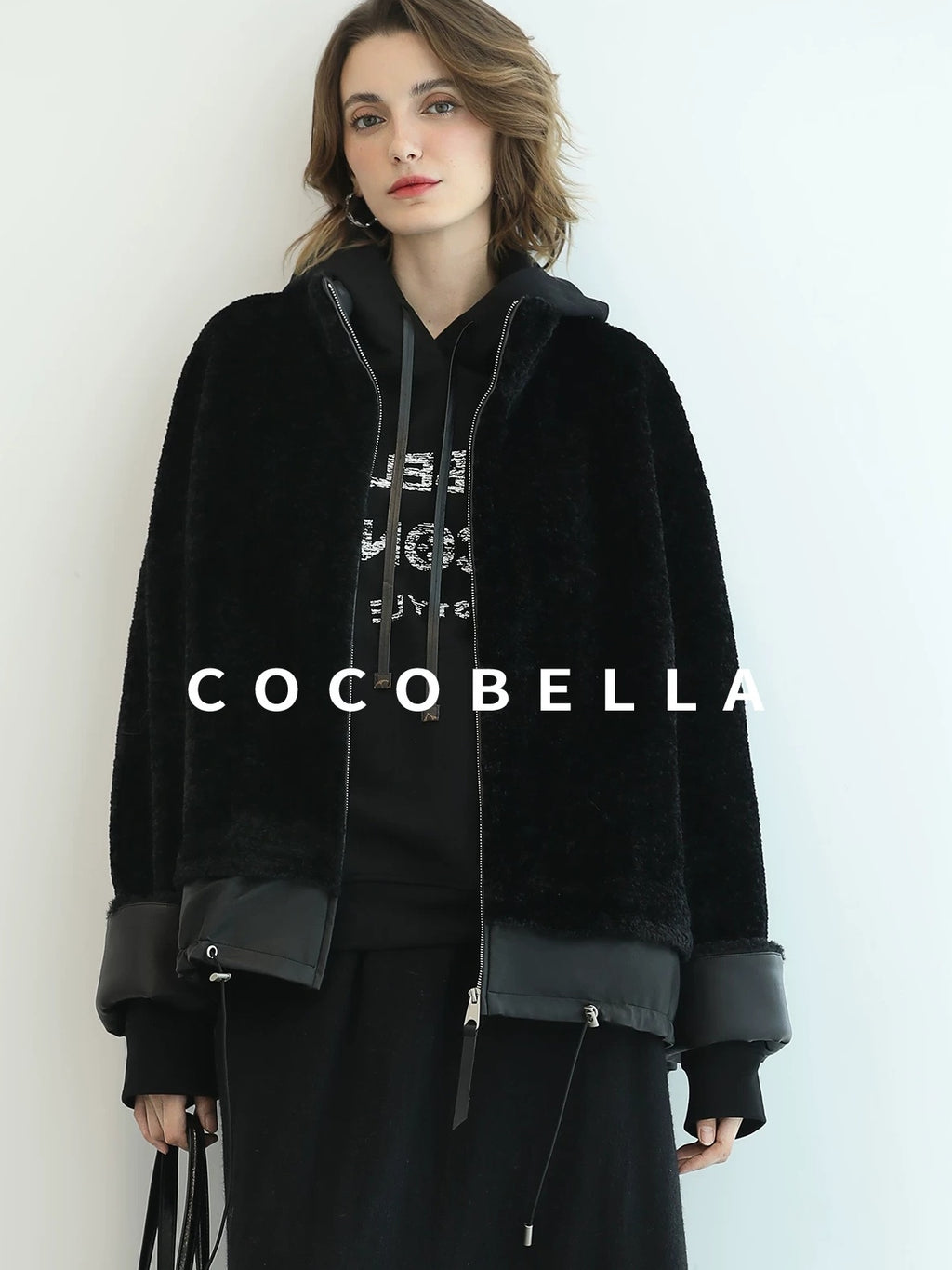 COCOBELLA Faux Fur Layered Look Loose Fit Stand Collar Zip Casual Womens Black Jackets