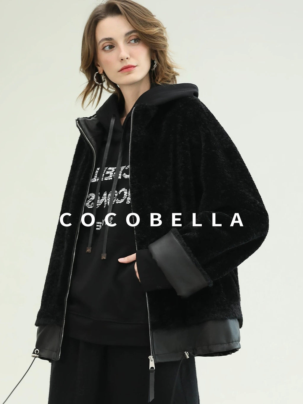 COCOBELLA Faux Fur Layered Look Loose Fit Stand Collar Zip Casual Womens Black Jackets