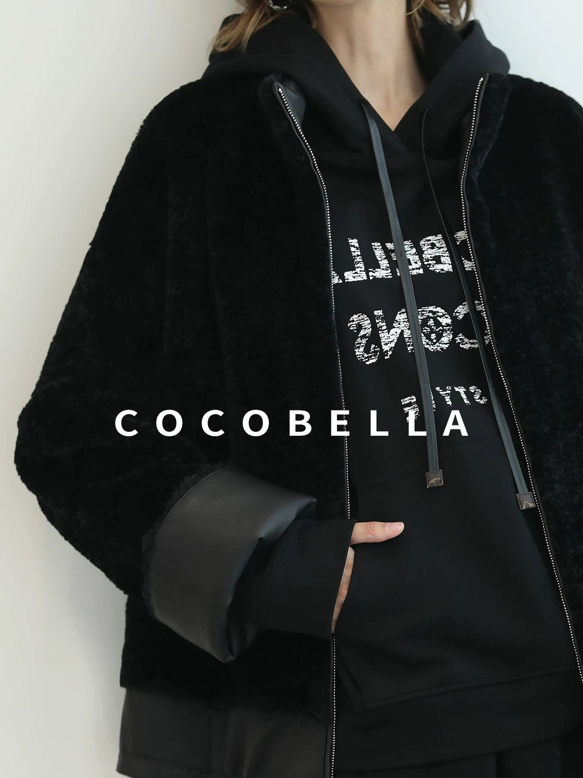 COCOBELLA Faux Fur Layered Look Loose Fit Stand Collar Zip Casual Womens Black Jackets