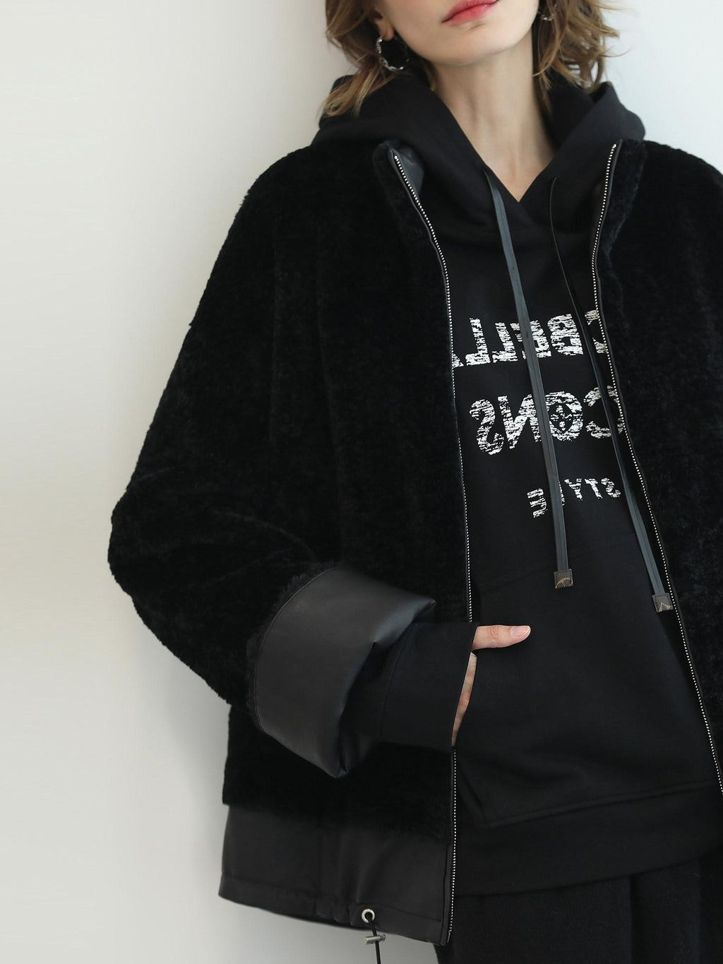 COCOBELLA Faux Fur Layered Look Loose Fit Stand Collar Zip Casual Womens Black Jackets