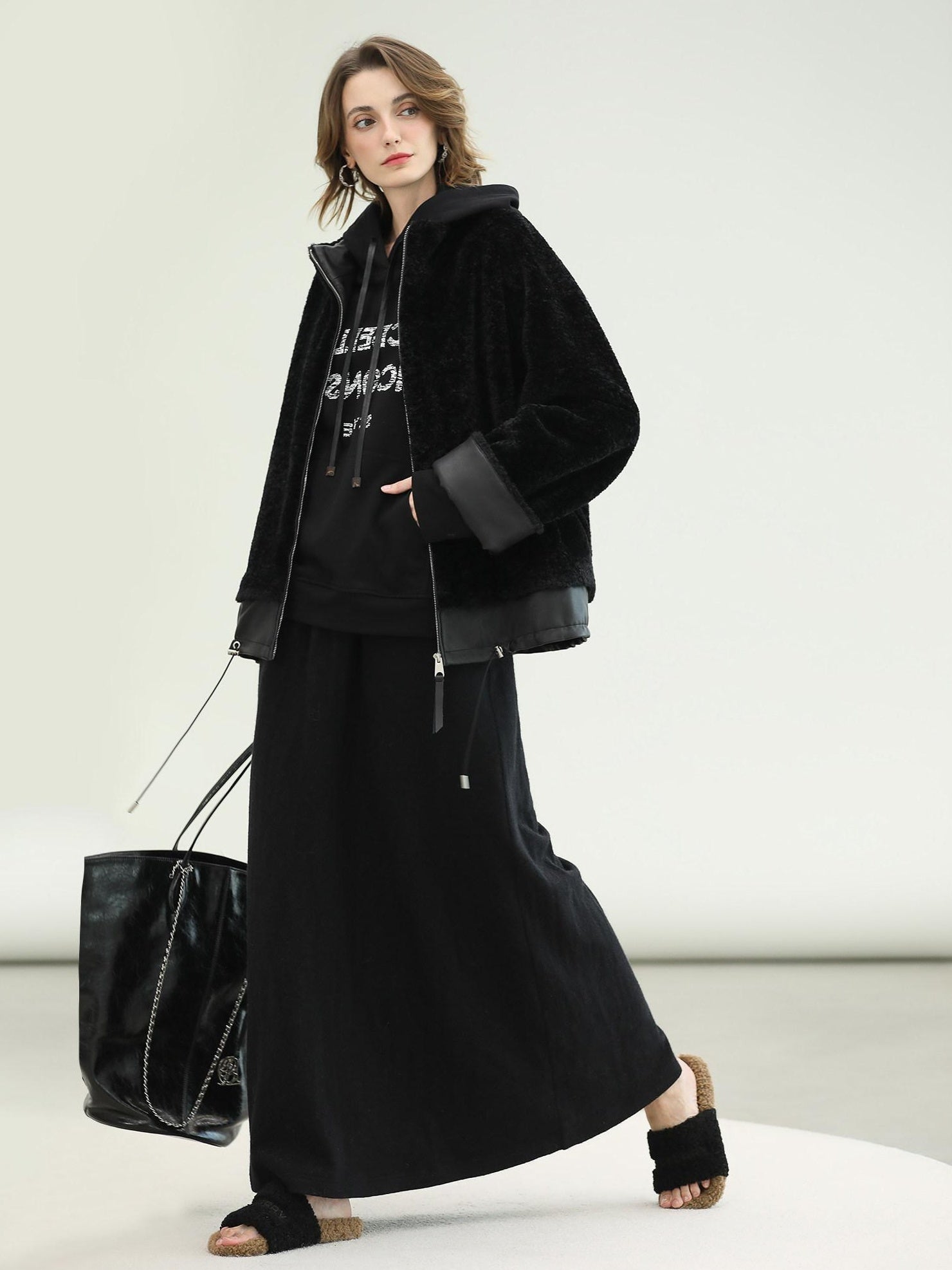 COCOBELLA Faux Fur Layered Look Loose Fit Stand Collar Zip Casual Womens Black Jackets