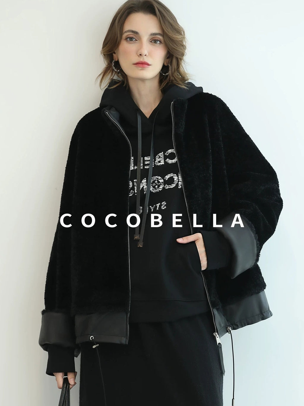 COCOBELLA Faux Fur Layered Look Loose Fit Stand Collar Zip Casual Womens Black Jackets