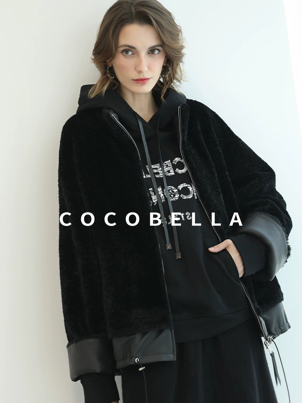 COCOBELLA Faux Fur Layered Look Loose Fit Stand Collar Zip Casual Womens Black Jackets