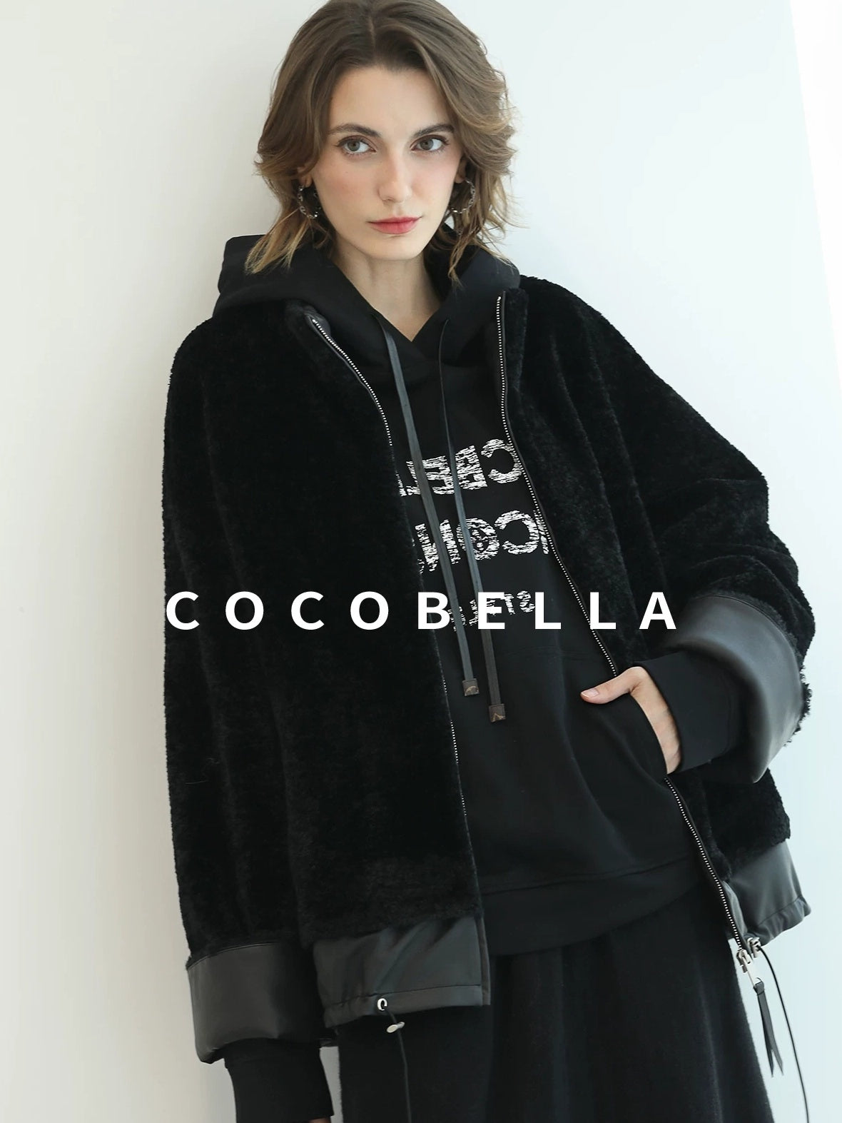 COCOBELLA Faux Fur Layered Look Loose Fit Stand Collar Zip Casual Womens Black Jackets