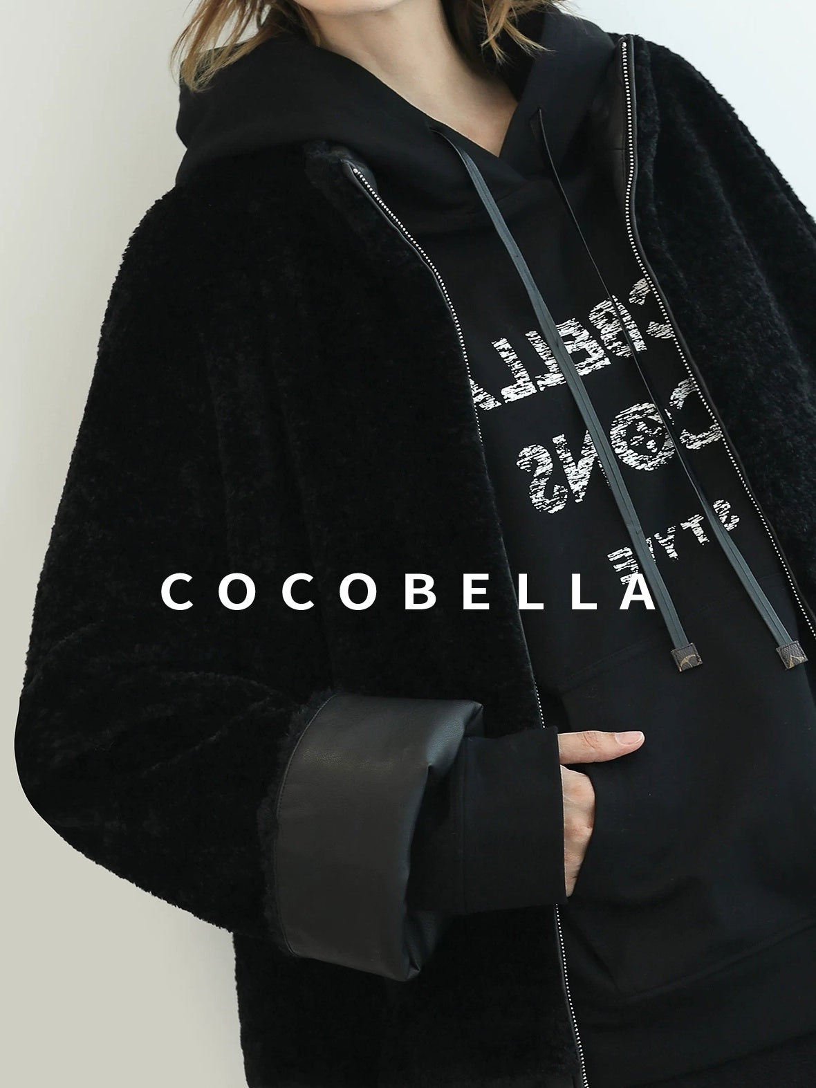COCOBELLA Faux Fur Layered Look Loose Fit Stand Collar Zip Casual Womens Black Jackets