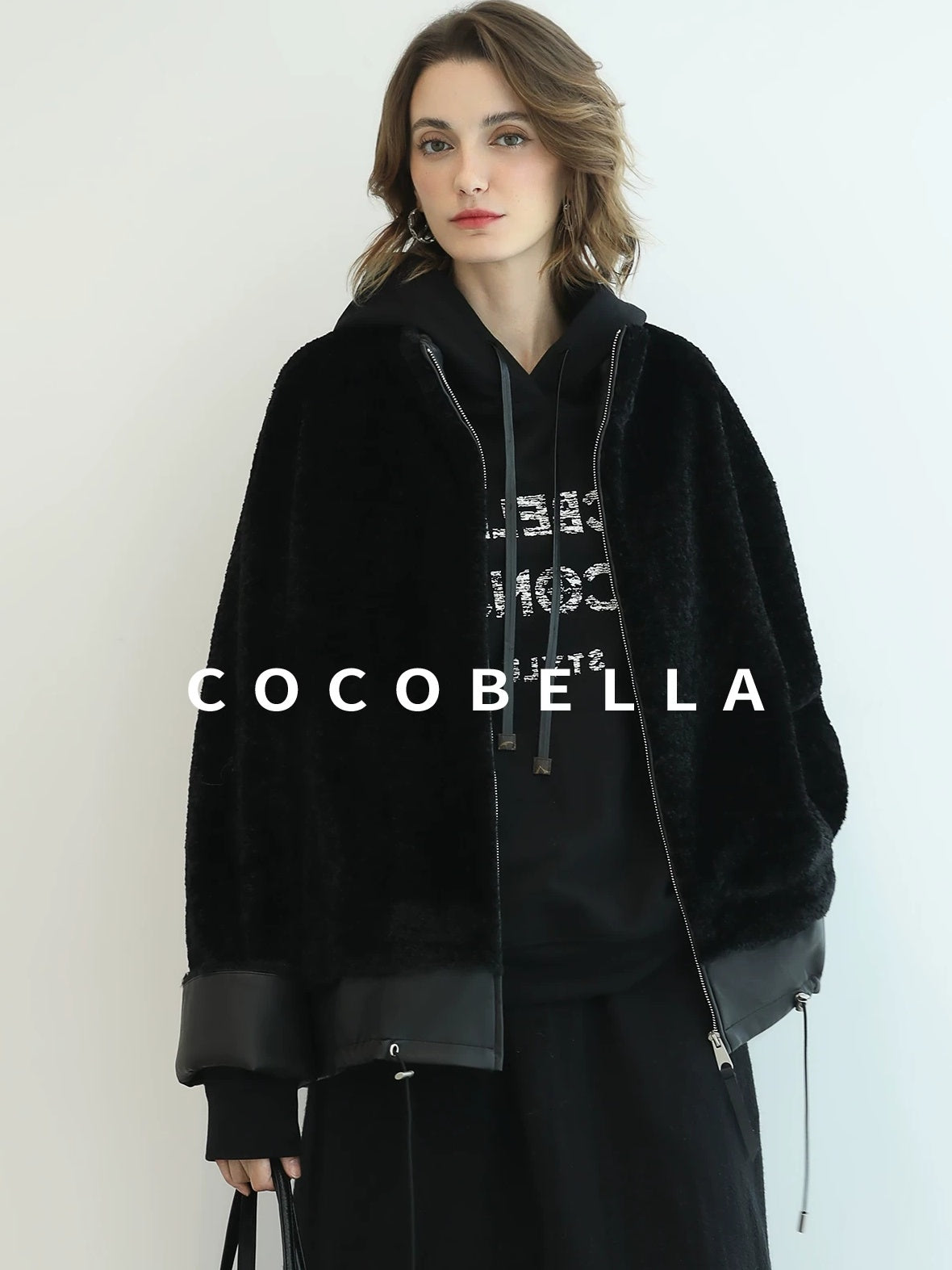 COCOBELLA Faux Fur Layered Look Loose Fit Stand Collar Zip Casual Womens Black Jackets