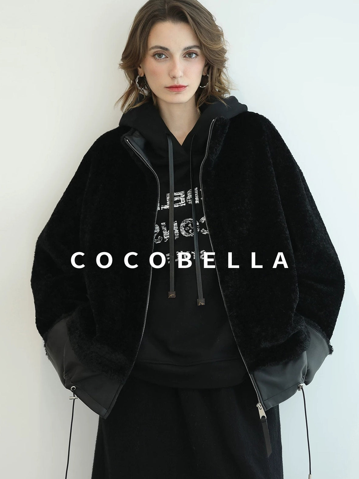 COCOBELLA Faux Fur Layered Look Loose Fit Stand Collar Zip Casual Womens Black Jackets