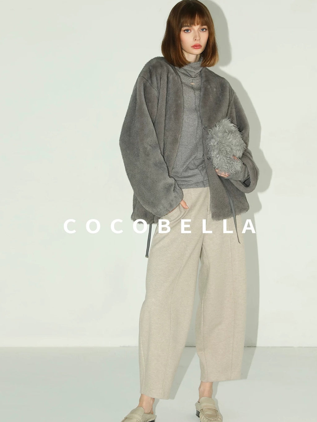 COCOBELLA Faux Fur Straight V Neck Long Sleeve Women Silver Blue Polyester Jackets