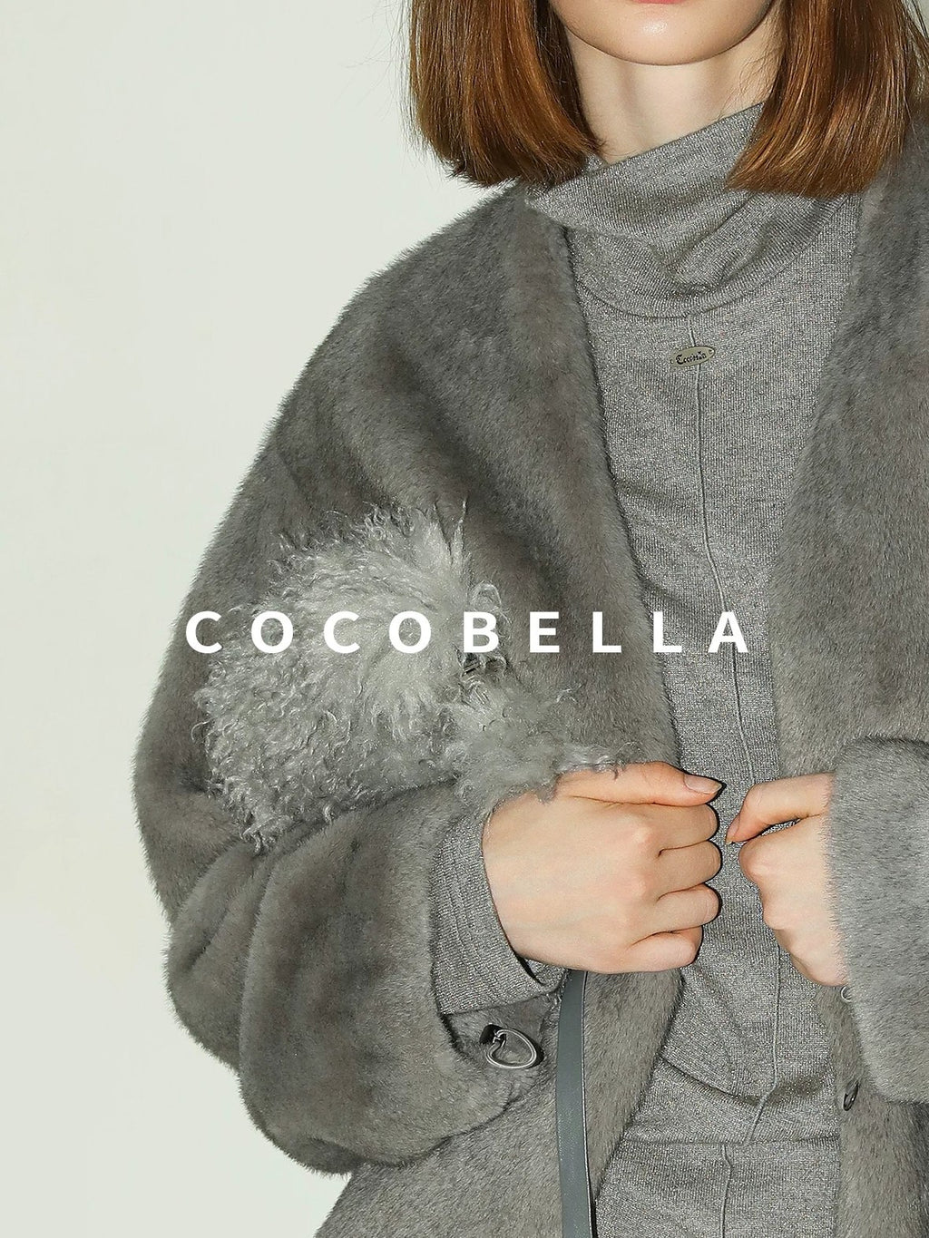 COCOBELLA Faux Fur Straight V Neck Long Sleeve Women Silver Blue Polyester Jackets