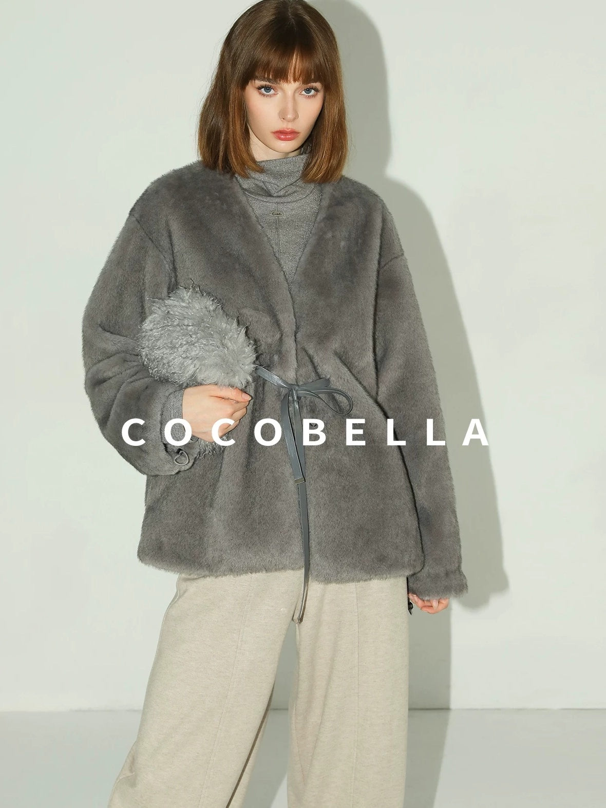 COCOBELLA Faux Fur Straight V Neck Long Sleeve Women Silver Blue Polyester Jackets