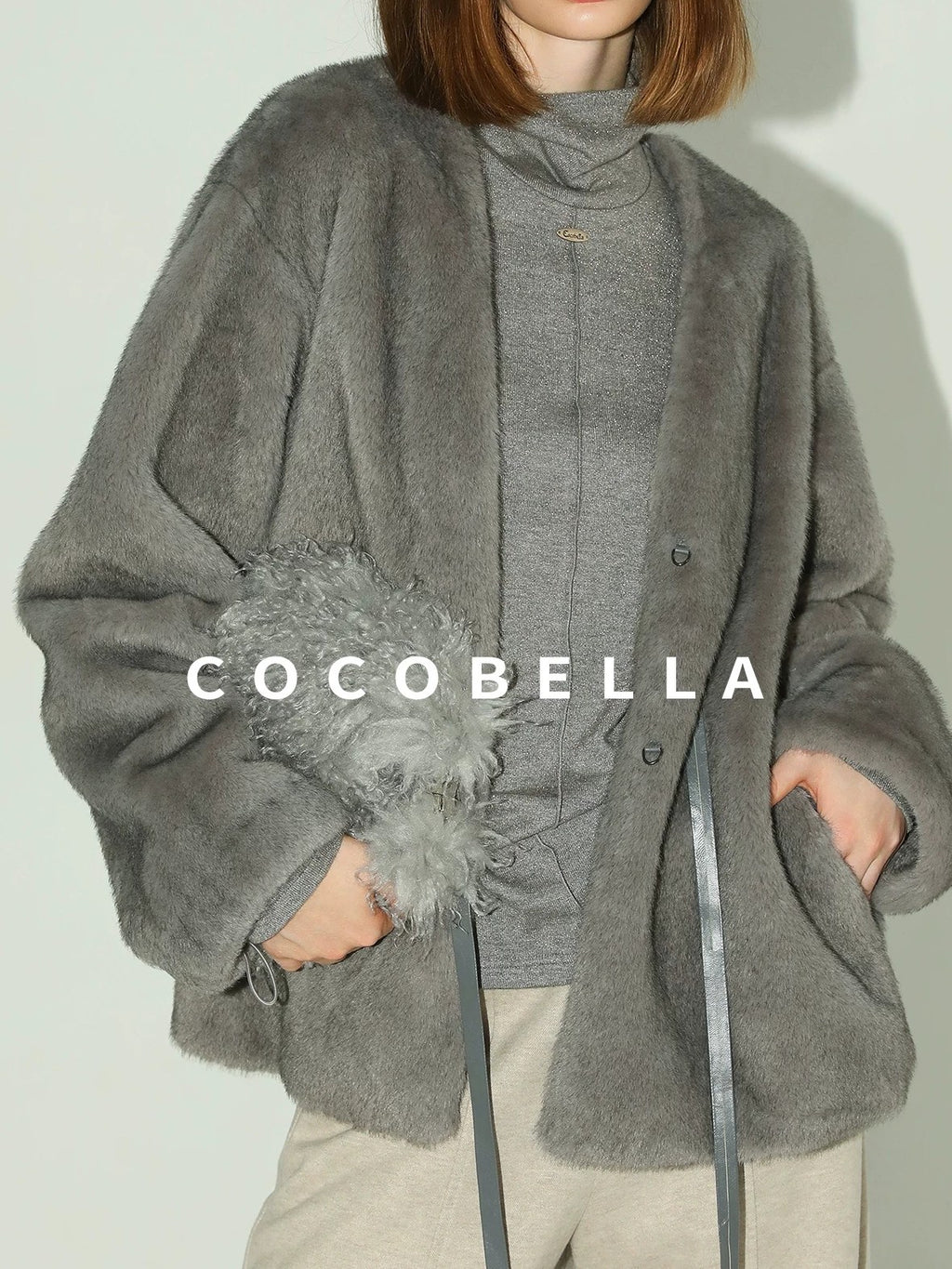 COCOBELLA Faux Fur Straight V Neck Long Sleeve Women Silver Blue Polyester Jackets