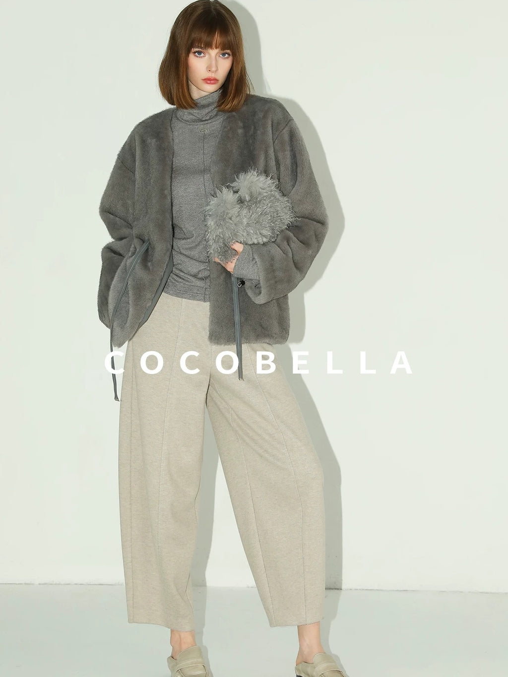 COCOBELLA Faux Fur Straight V Neck Long Sleeve Women Silver Blue Polyester Jackets