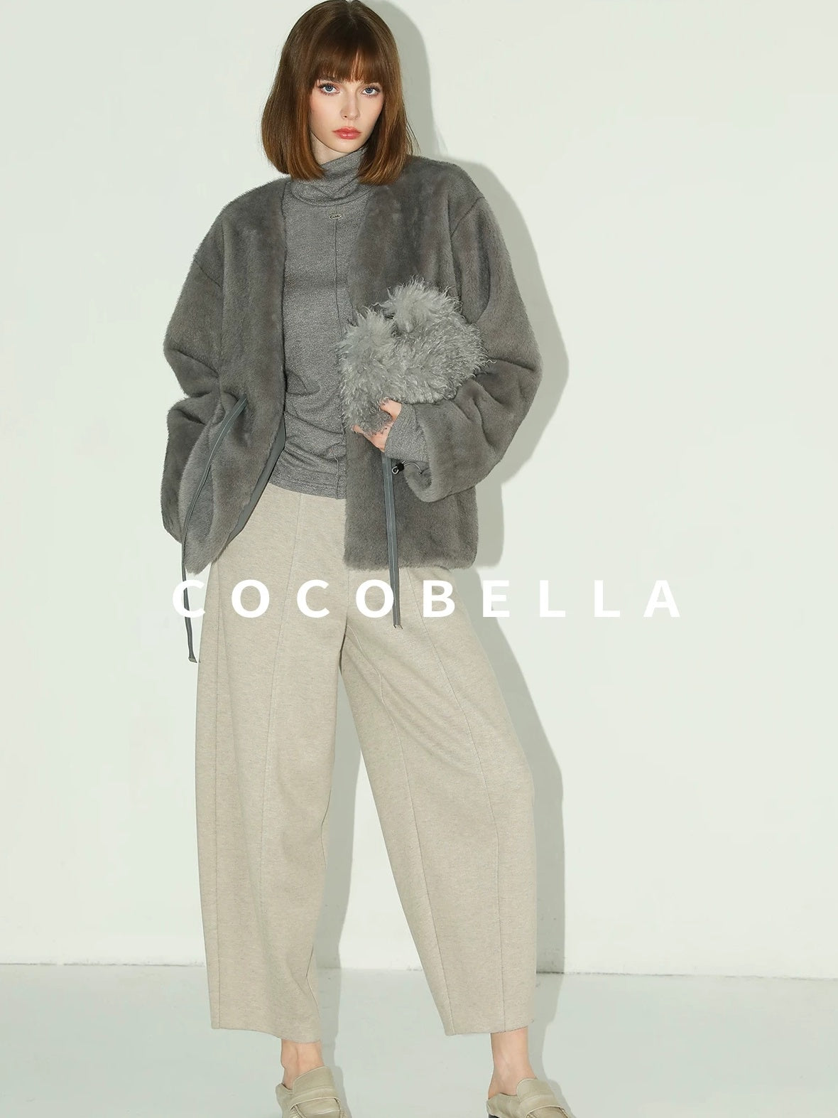 COCOBELLA Faux Fur Straight V Neck Long Sleeve Women Silver Blue Polyester Jackets