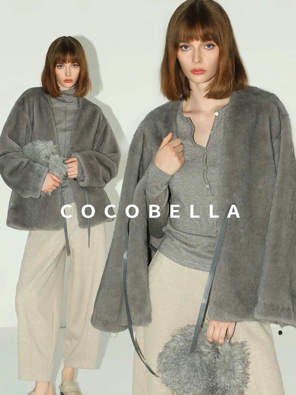 COCOBELLA Faux Fur Straight V Neck Long Sleeve Women Silver Blue Polyester Jackets