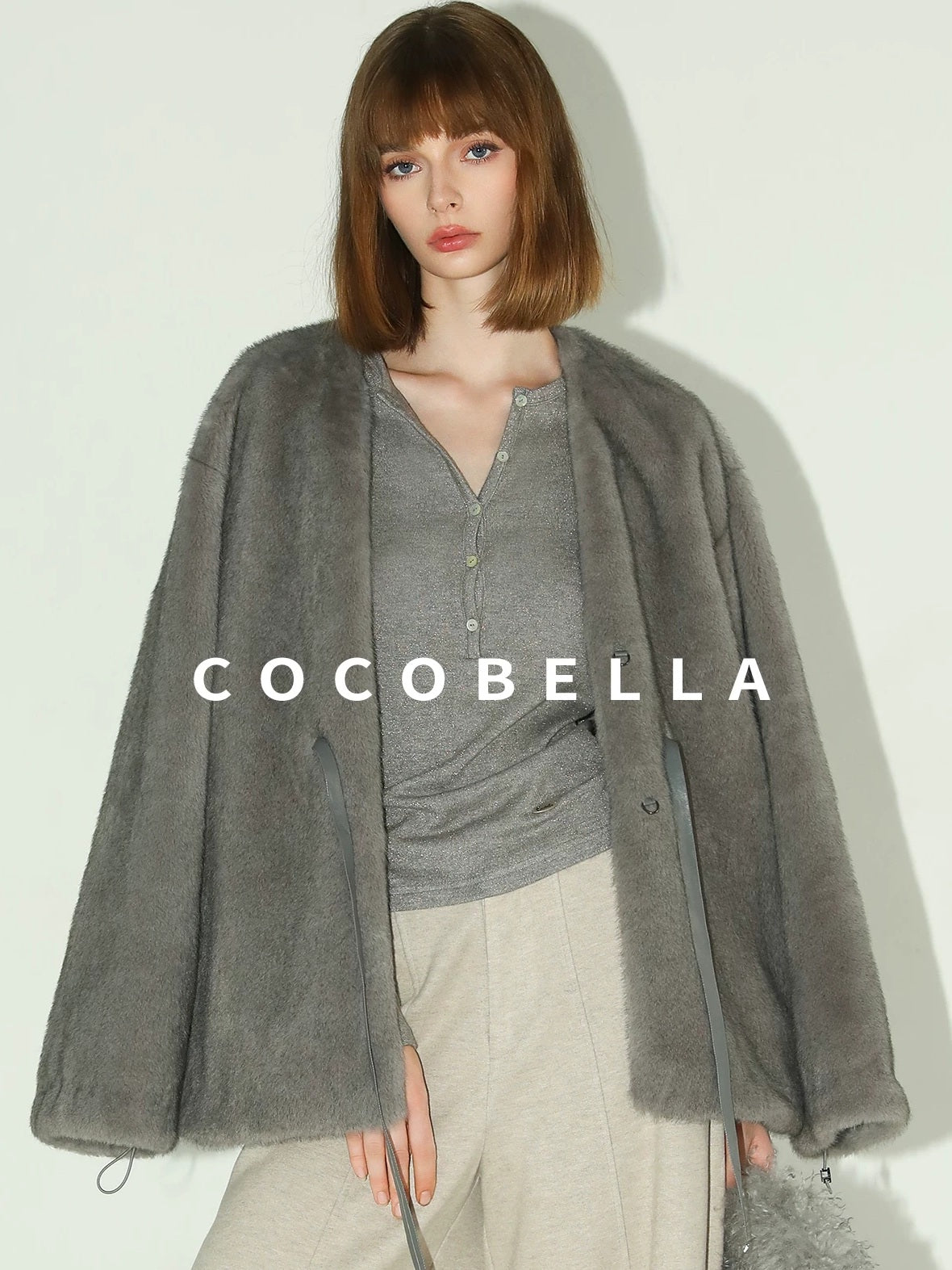 COCOBELLA Faux Fur Straight V Neck Long Sleeve Women Silver Blue Polyester Jackets