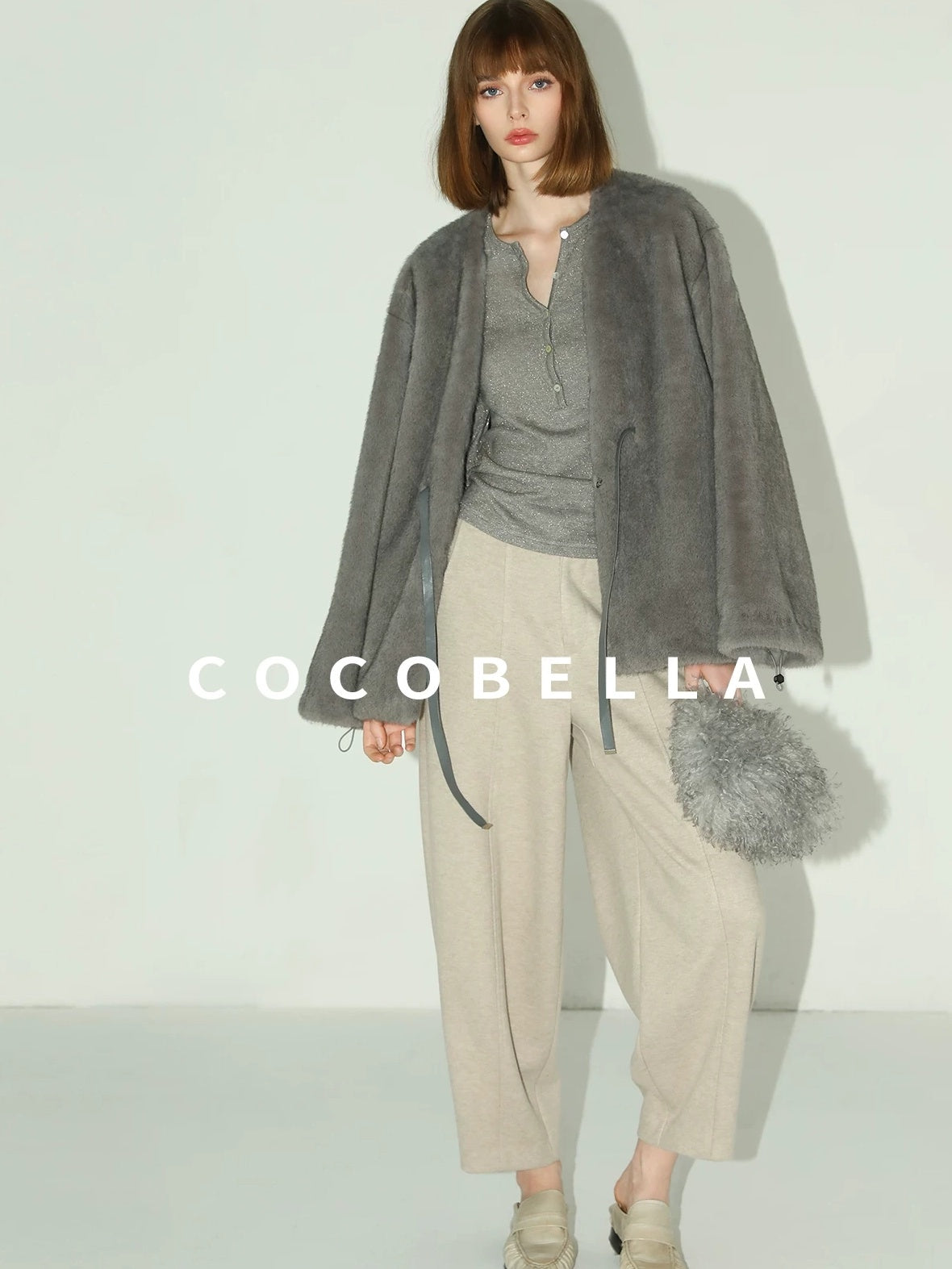 COCOBELLA Faux Fur Straight V Neck Long Sleeve Women Silver Blue Polyester Jackets