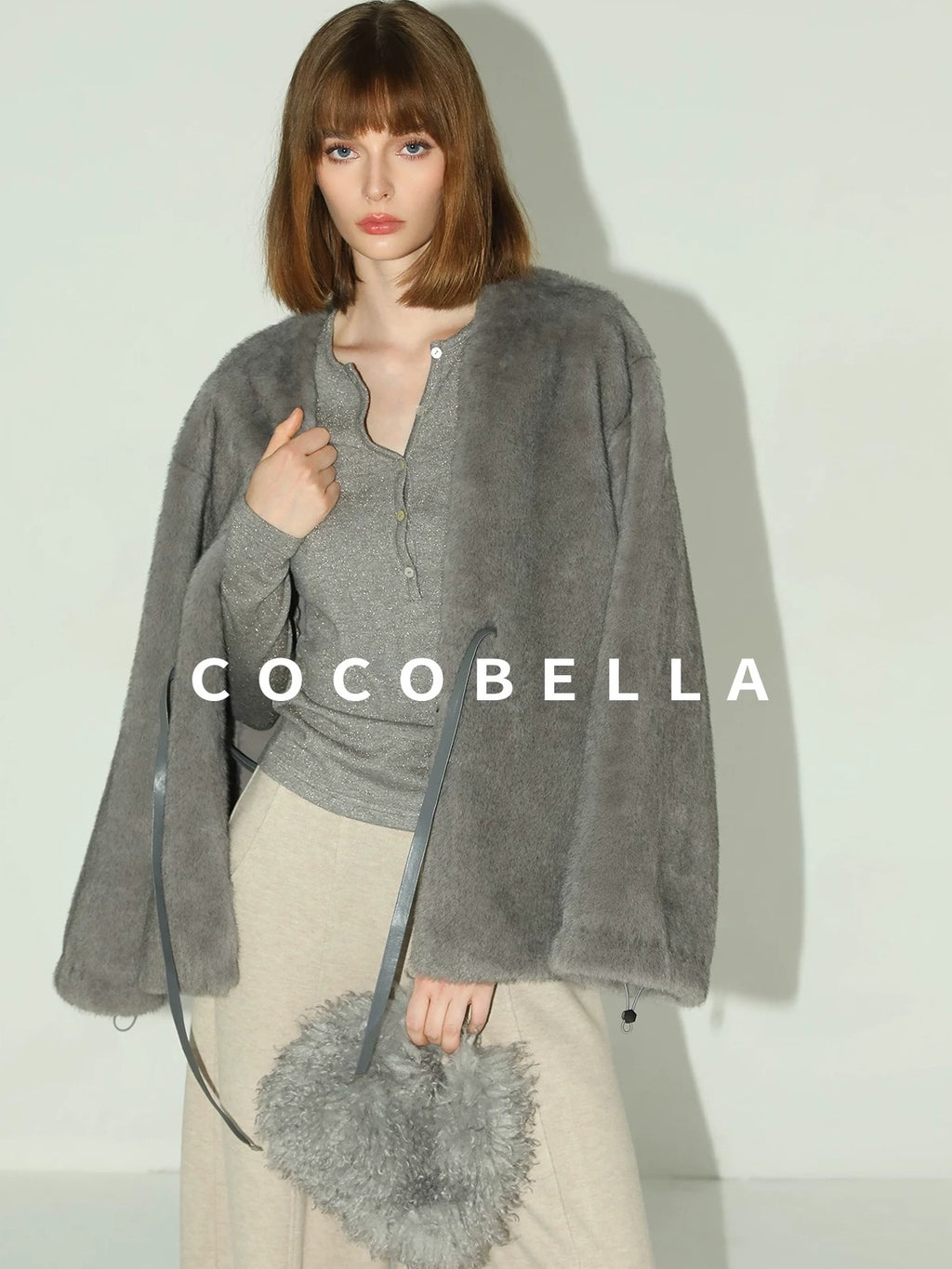 COCOBELLA Faux Fur Straight V Neck Long Sleeve Women Silver Blue Polyester Jackets