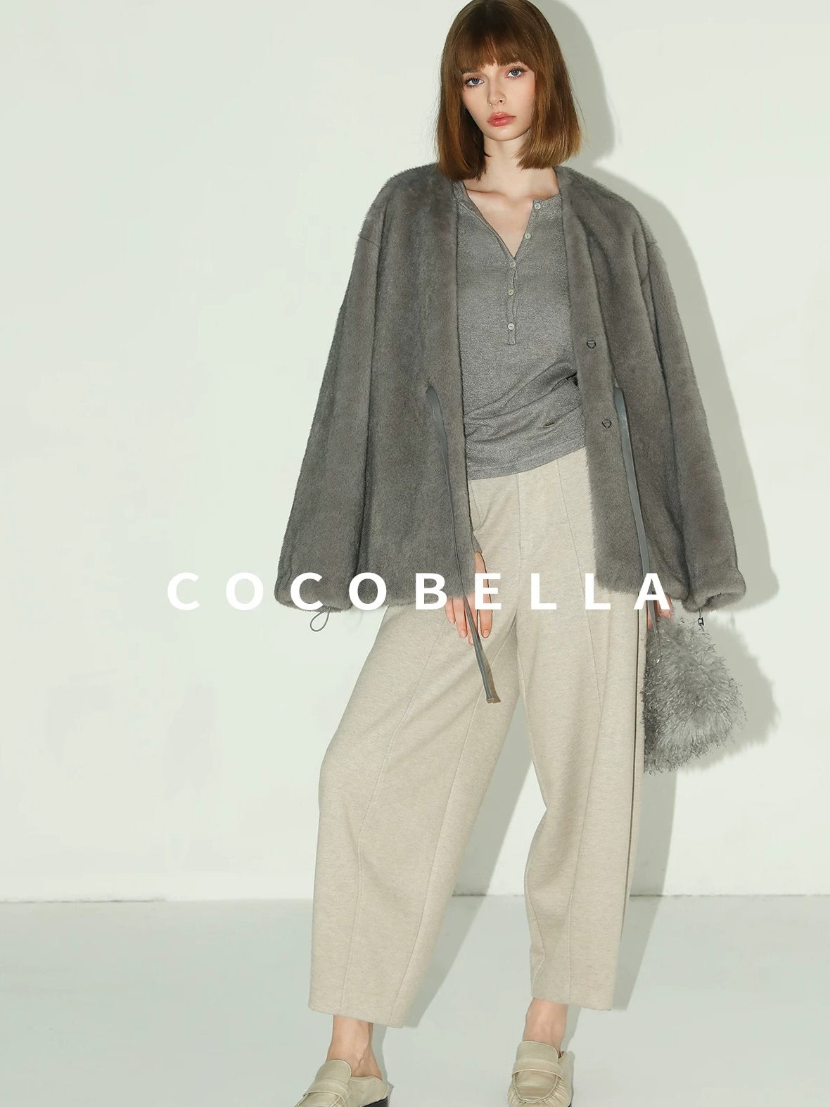 COCOBELLA Faux Fur Straight V Neck Long Sleeve Women Silver Blue Polyester Jackets