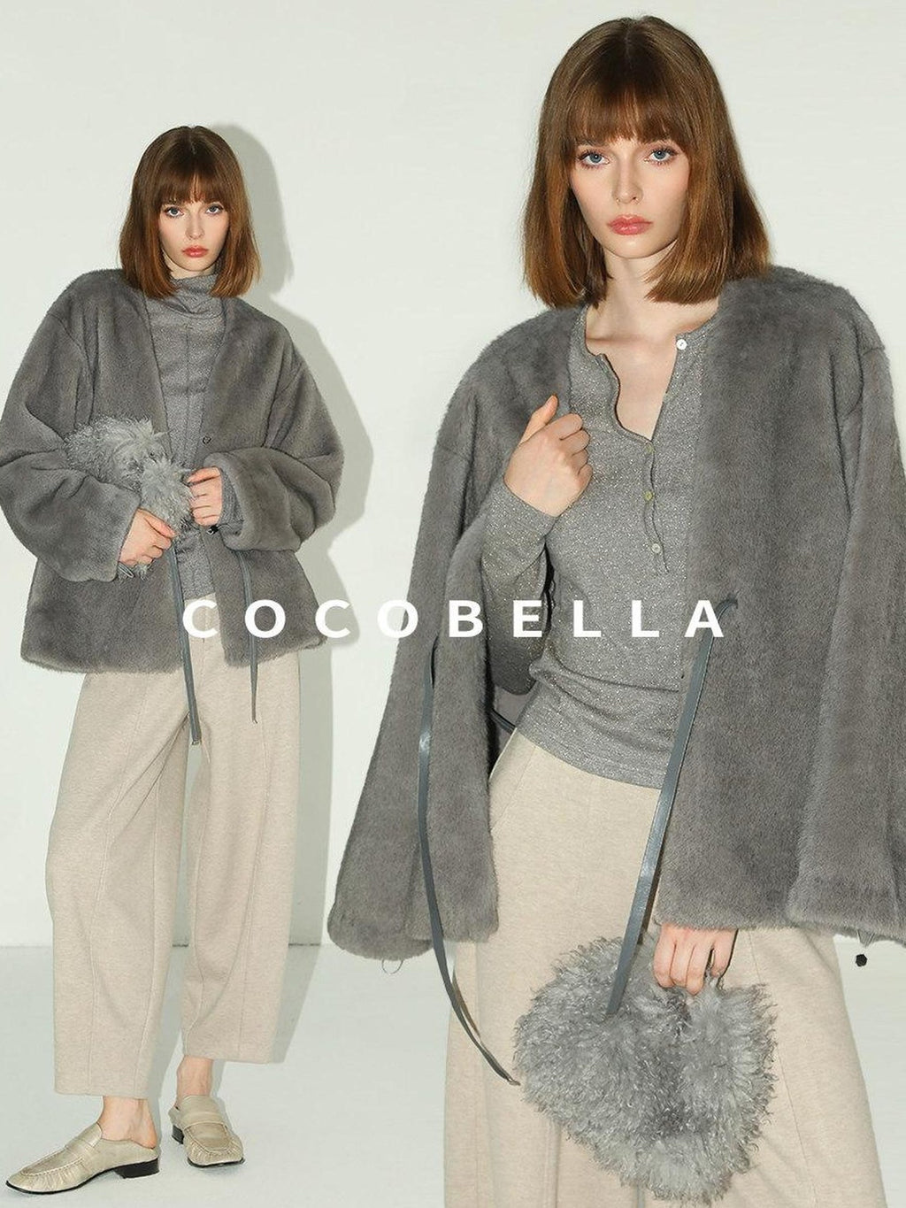 COCOBELLA Faux Fur Straight V Neck Long Sleeve Women Silver Blue Polyester Jackets