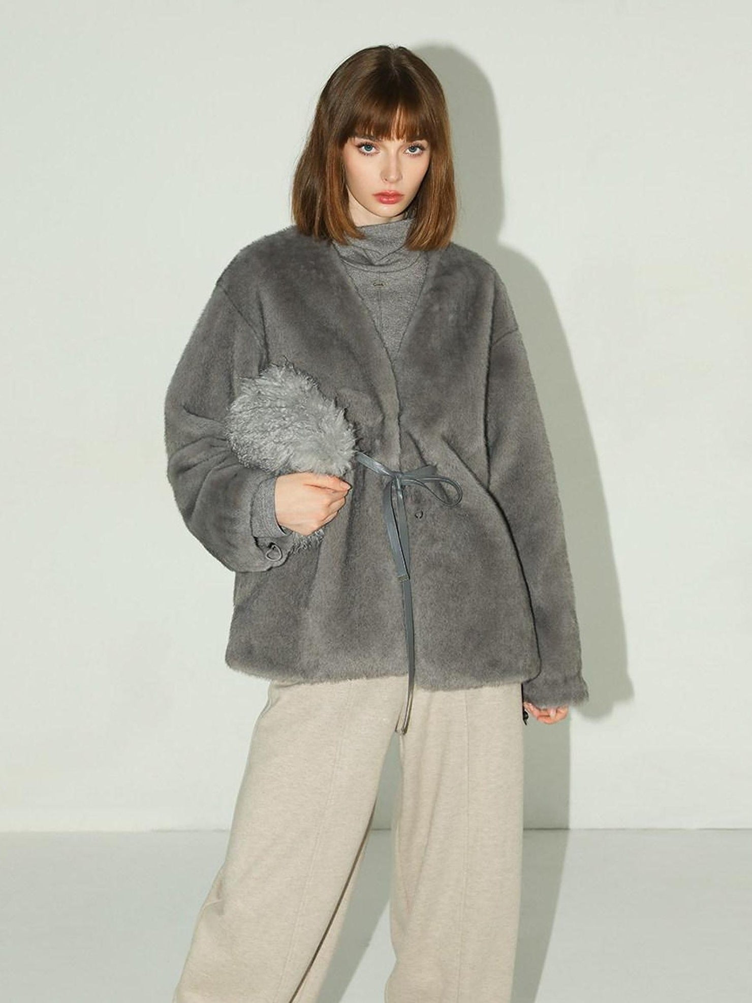 COCOBELLA Faux Fur Straight V Neck Long Sleeve Women Silver Blue Polyester Jackets