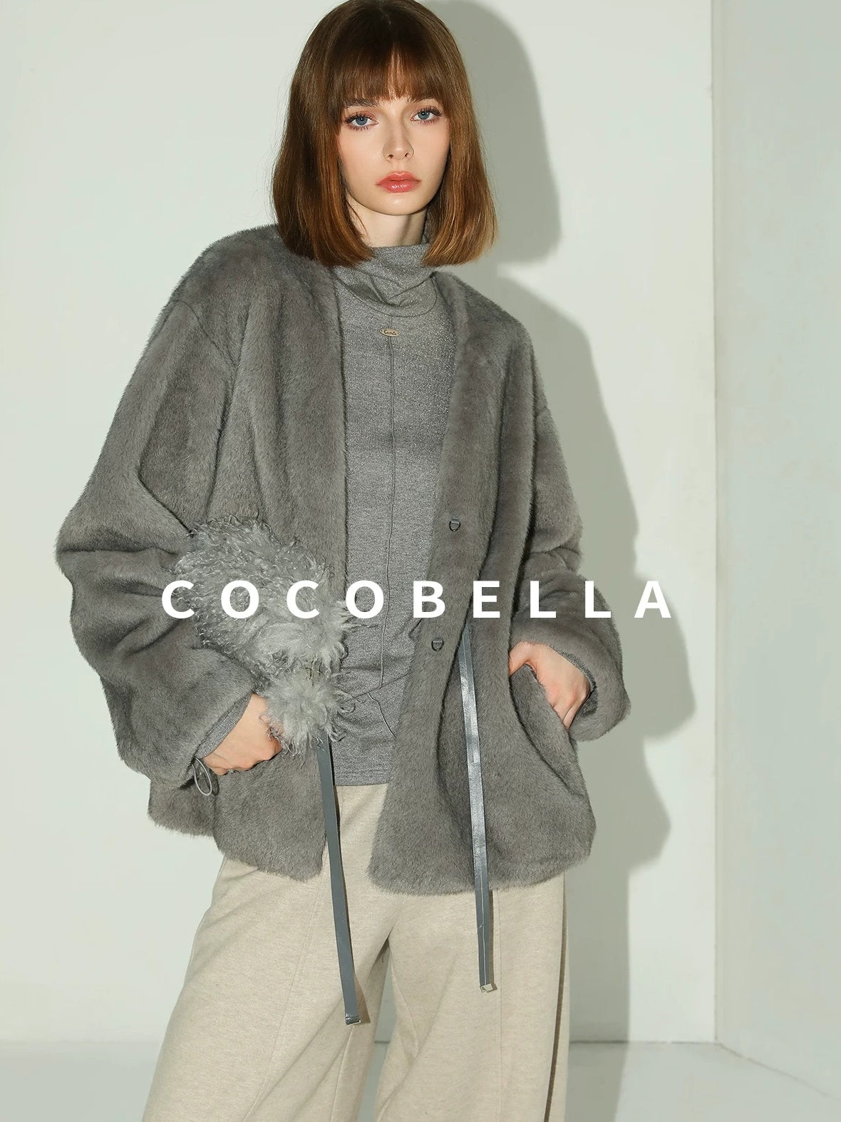 COCOBELLA Faux Fur Straight V Neck Long Sleeve Women Silver Blue Polyester Jackets