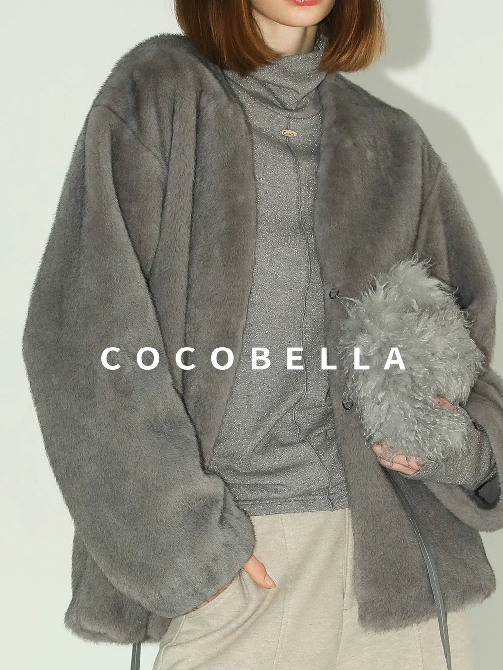 COCOBELLA Faux Fur Straight V Neck Long Sleeve Women Silver Blue Polyester Jackets