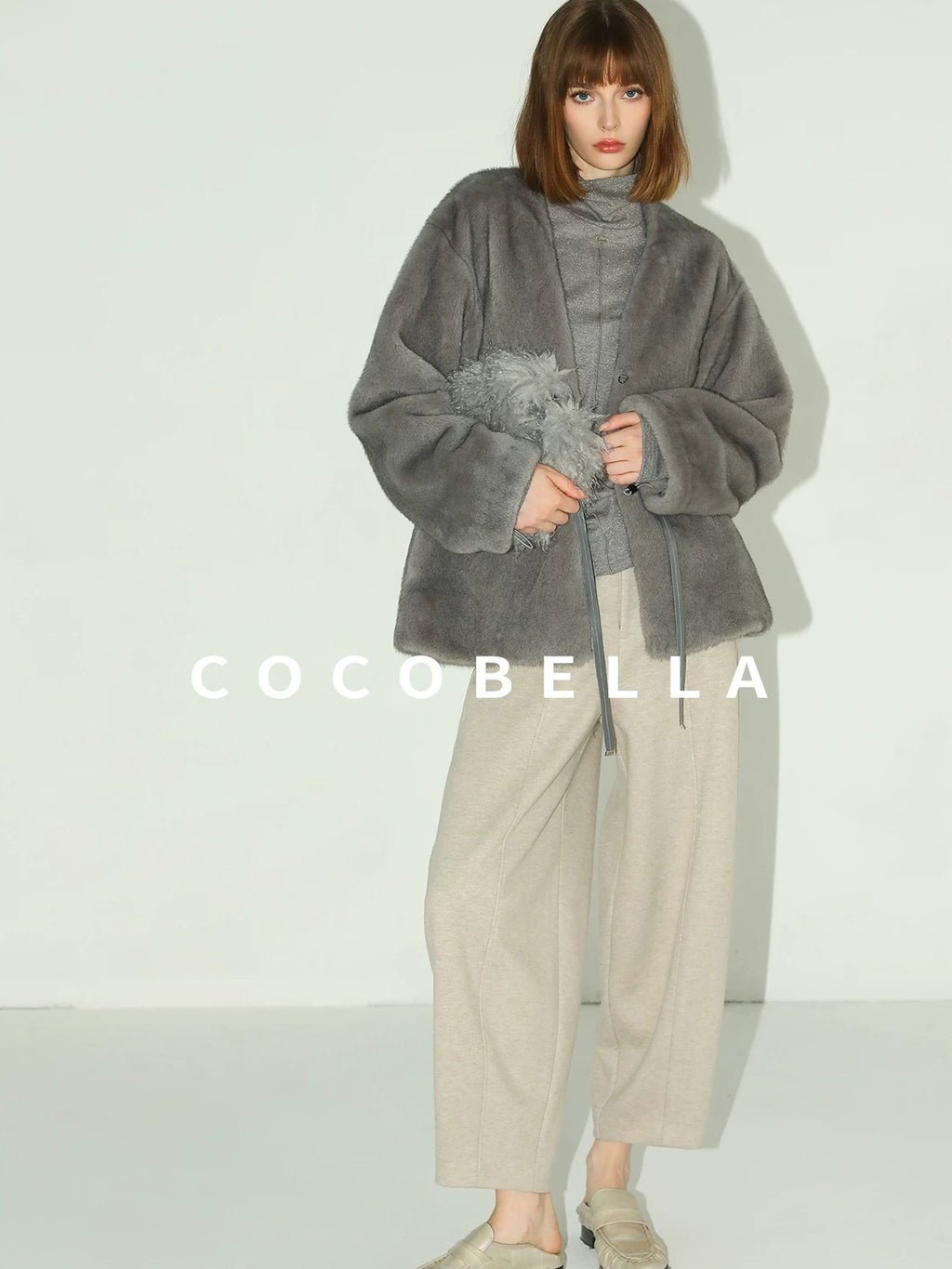 COCOBELLA Faux Fur Straight V Neck Long Sleeve Women Silver Blue Polyester Jackets