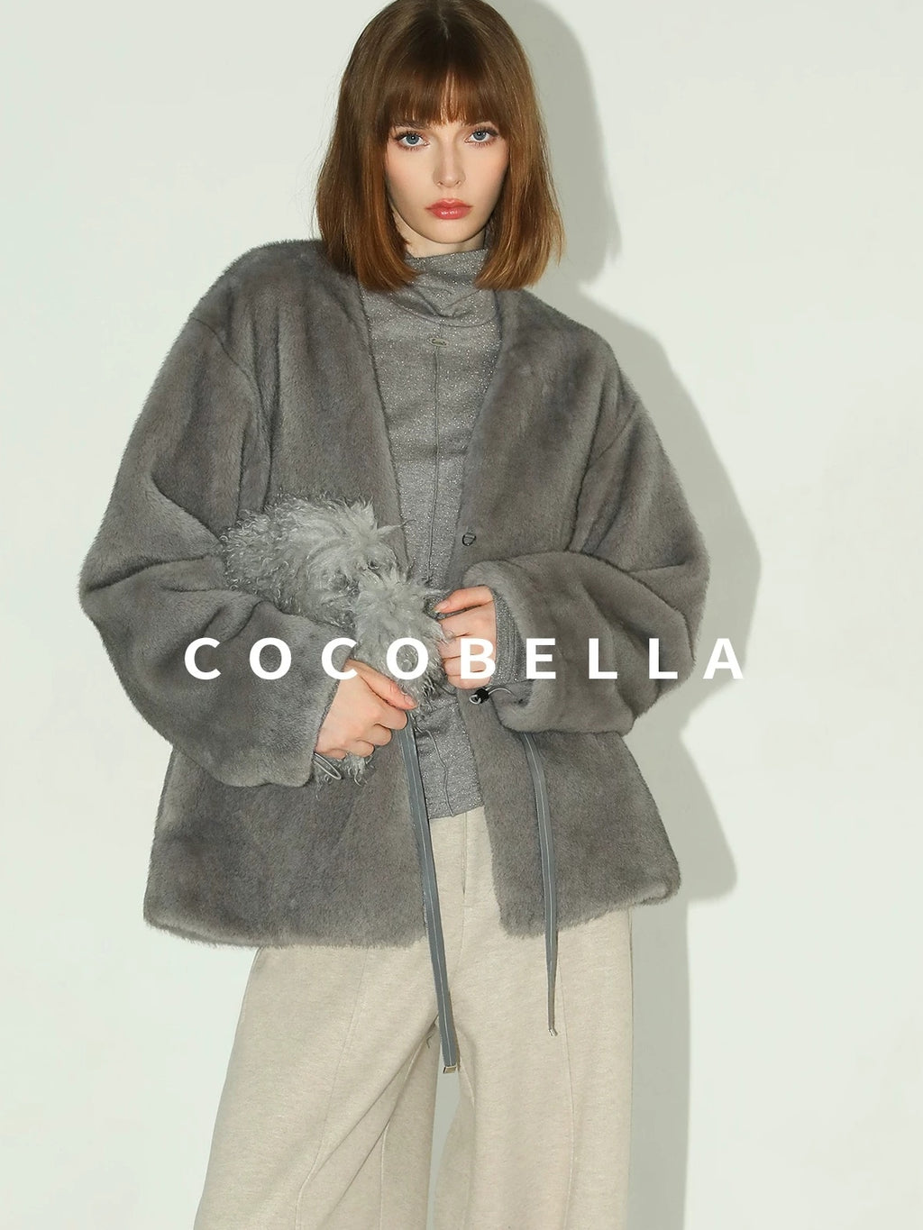 COCOBELLA Faux Fur Straight V Neck Long Sleeve Women Silver Blue Polyester Jackets