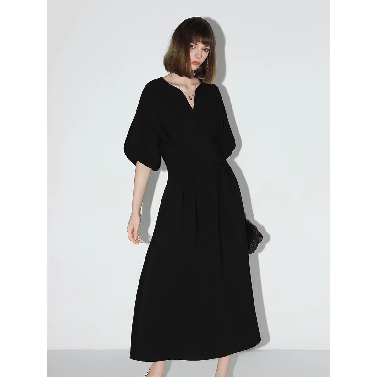 COCOBELLA_Flattering_Cinched_Waist_Pleated_A_Line_V_Neck_Puff_Sleeve_Women_Dresses_MISSTT