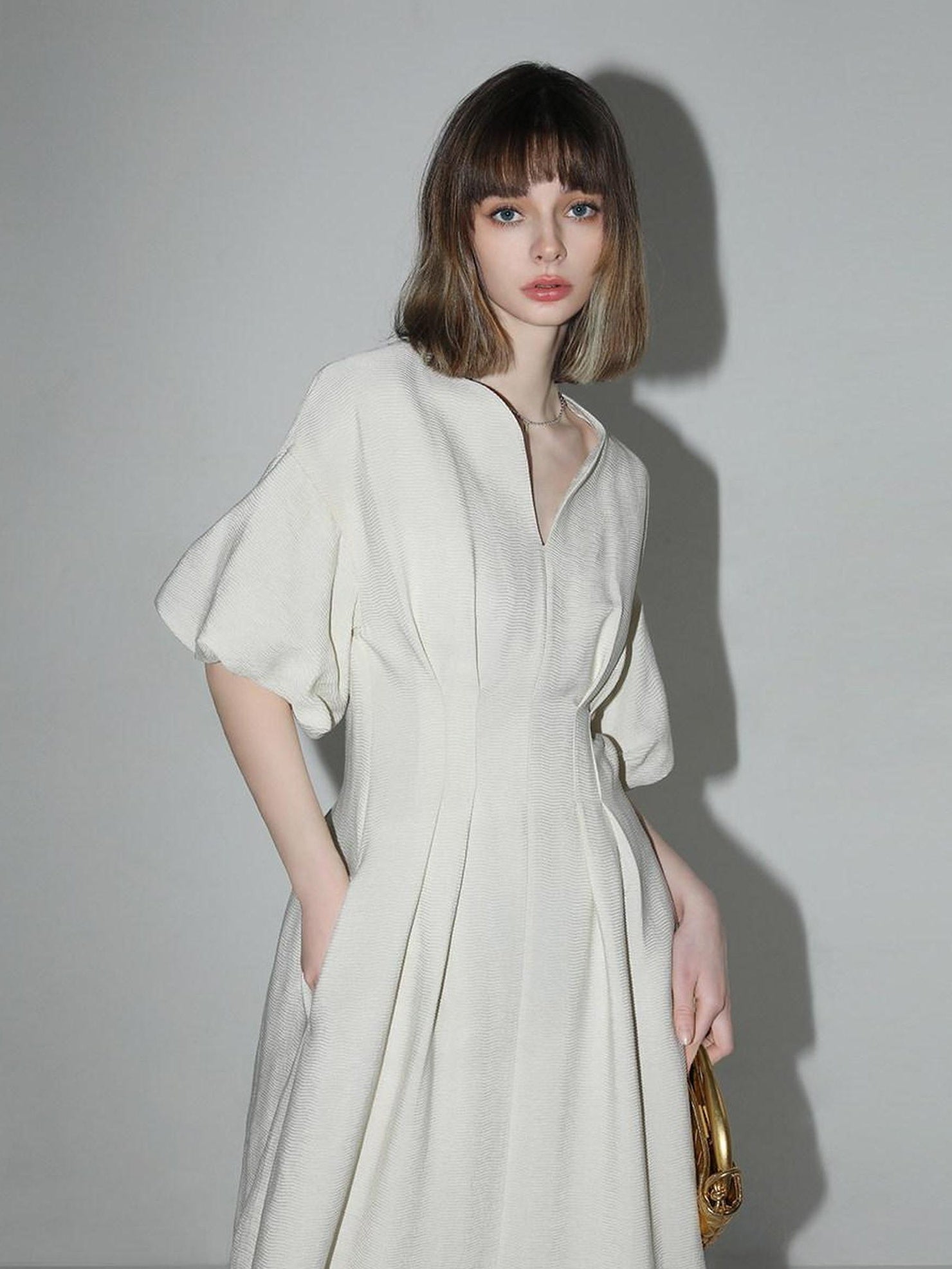 COCOBELLA Flattering Cinched Waist Pleated A Line V Neck Puff Sleeve Women Dresses