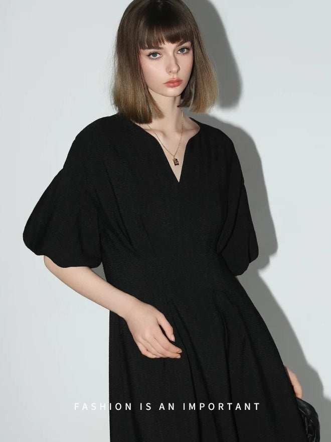 COCOBELLA Flattering Cinched Waist Pleated A Line V Neck Puff Sleeve Women Dresses