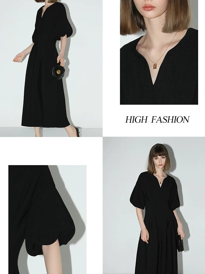 COCOBELLA Flattering Cinched Waist Pleated A Line V Neck Puff Sleeve Women Dresses