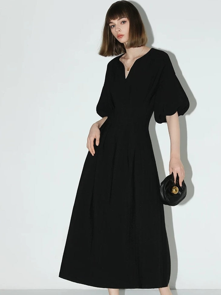 COCOBELLA Flattering Cinched Waist Pleated A Line V Neck Puff Sleeve Women Dresses