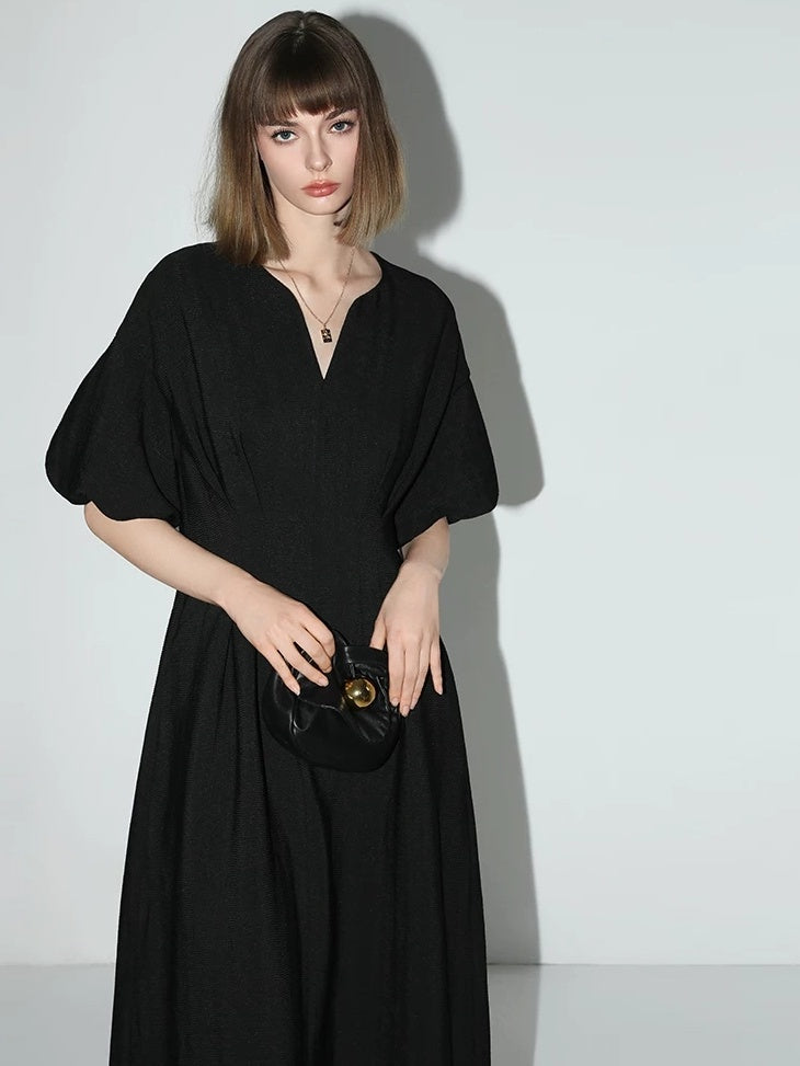 COCOBELLA Flattering Cinched Waist Pleated A Line V Neck Puff Sleeve Women Dresses