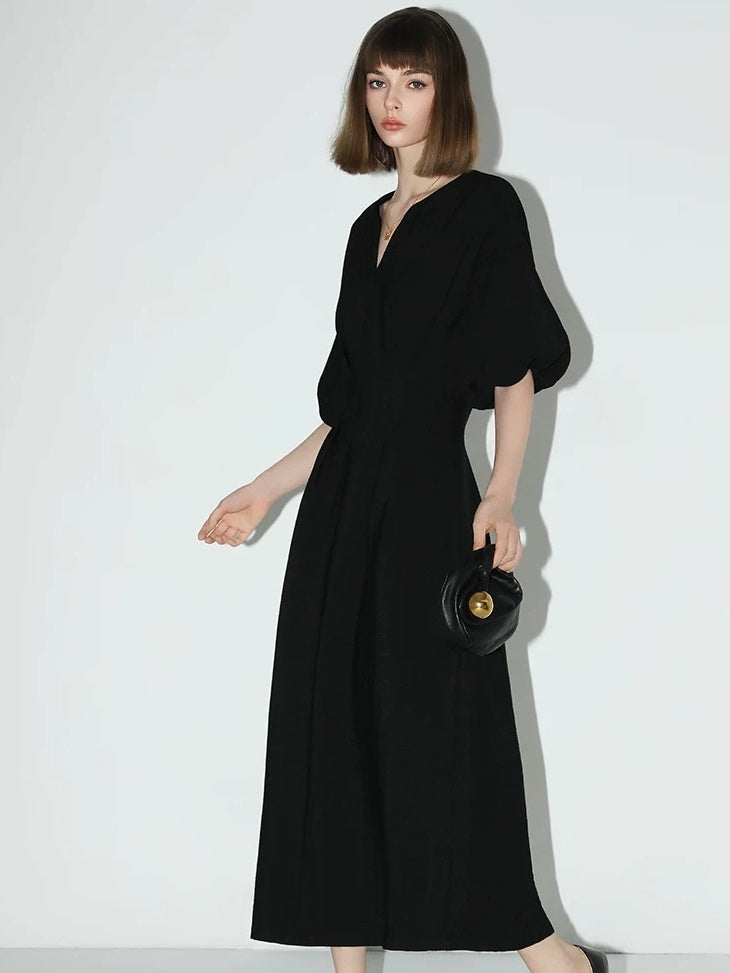 COCOBELLA Flattering Cinched Waist Pleated A Line V Neck Puff Sleeve Women Dresses