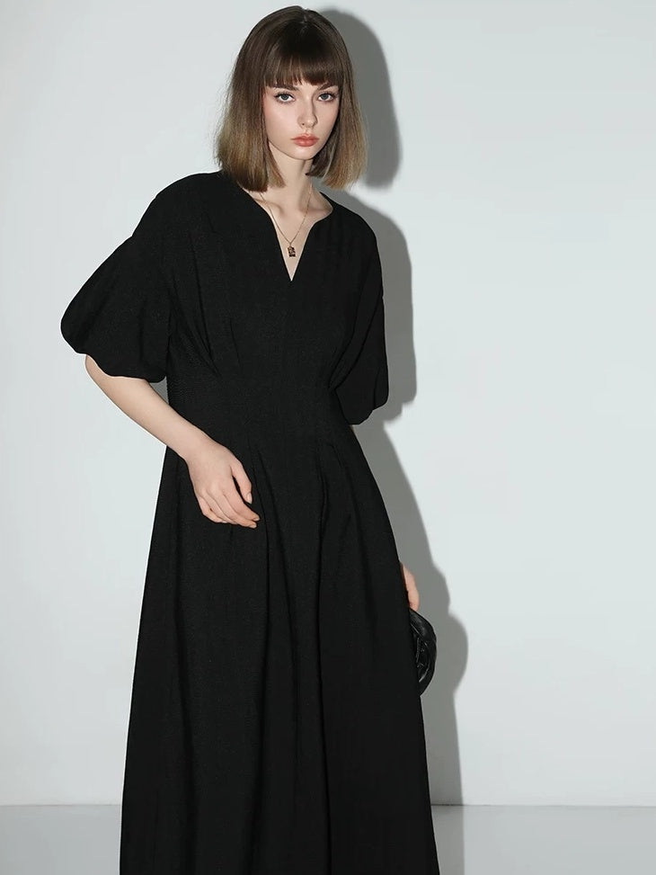 COCOBELLA Flattering Cinched Waist Pleated A Line V Neck Puff Sleeve Women Dresses