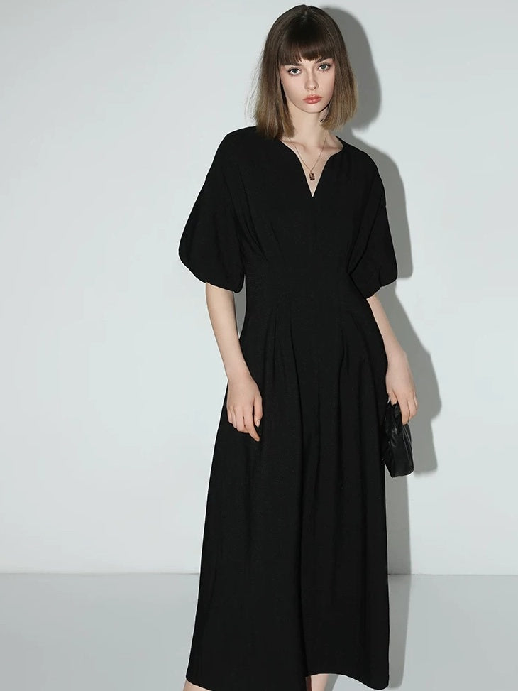 COCOBELLA Flattering Cinched Waist Pleated A Line V Neck Puff Sleeve Women Dresses