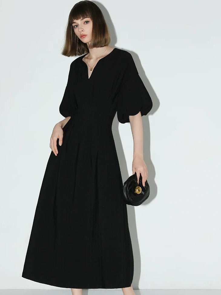 COCOBELLA Flattering Cinched Waist Pleated A Line V Neck Puff Sleeve Women Dresses