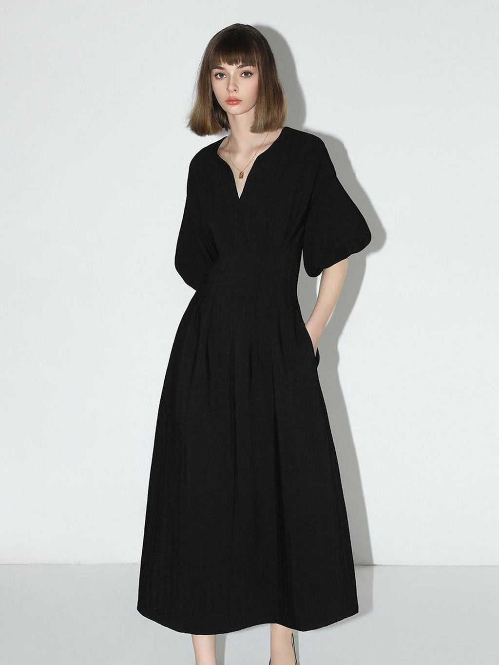 COCOBELLA Flattering Cinched Waist Pleated A Line V Neck Puff Sleeve Women Dresses