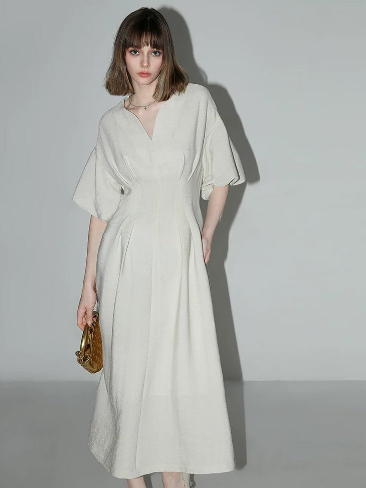 COCOBELLA Flattering Cinched Waist Pleated A Line V Neck Puff Sleeve Women Dresses