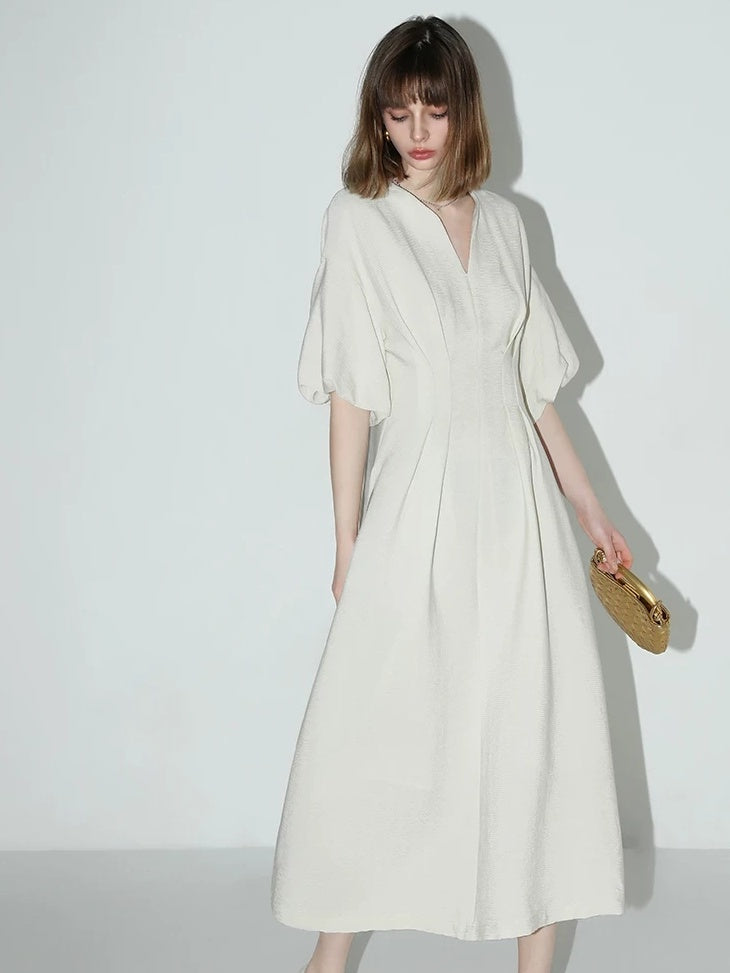 COCOBELLA Flattering Cinched Waist Pleated A Line V Neck Puff Sleeve Women Dresses