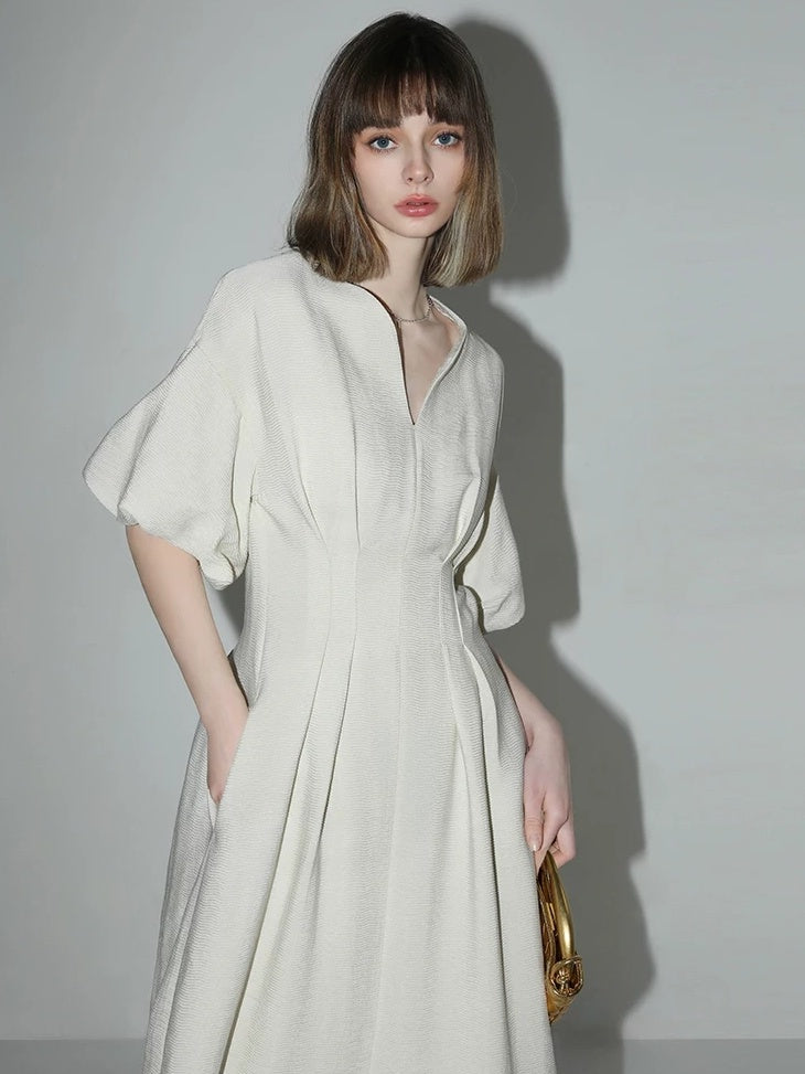 COCOBELLA Flattering Cinched Waist Pleated A Line V Neck Puff Sleeve Women Dresses